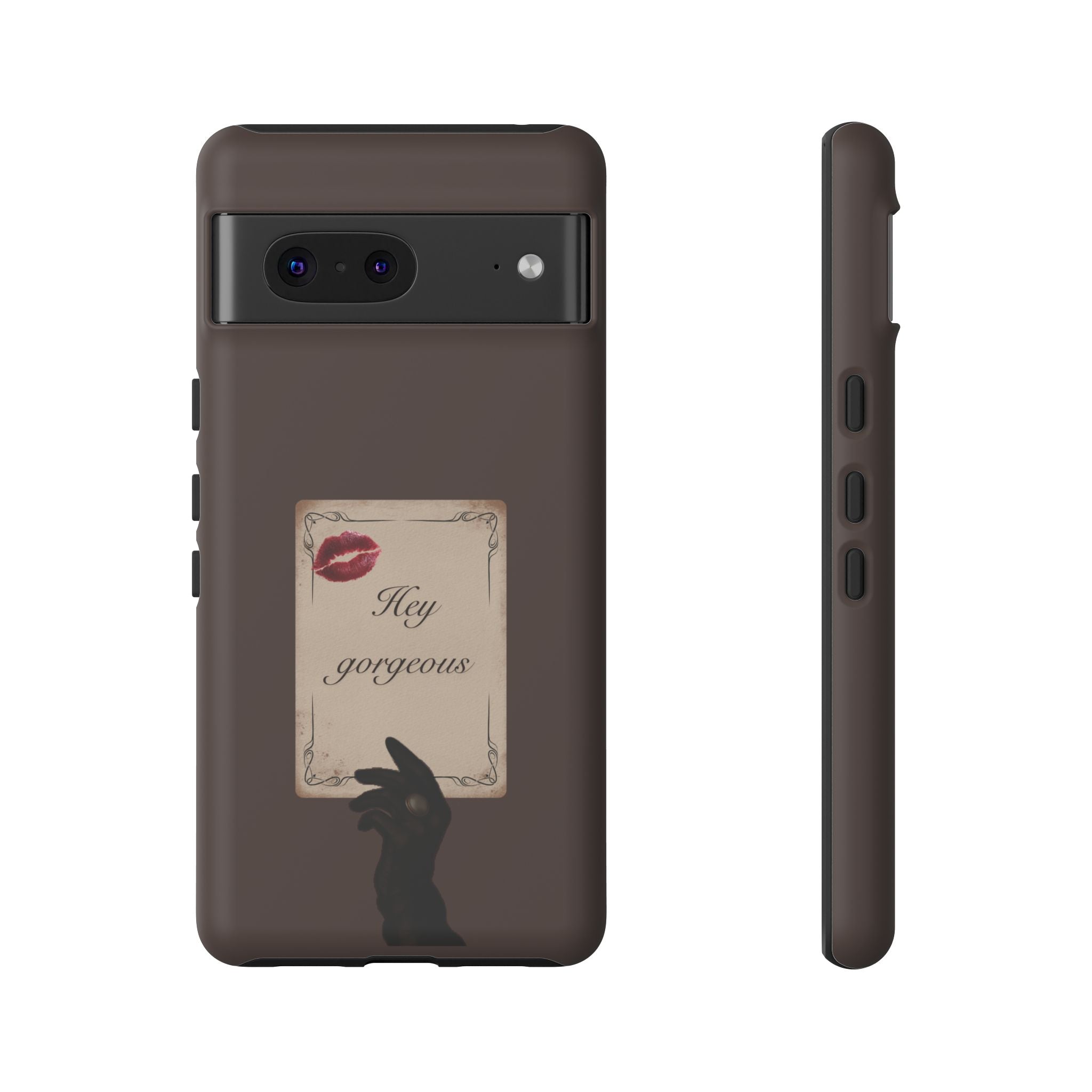 Hey Gorgeous Phone Case — Brown Lip Print & Shadow Hand Protective Cover