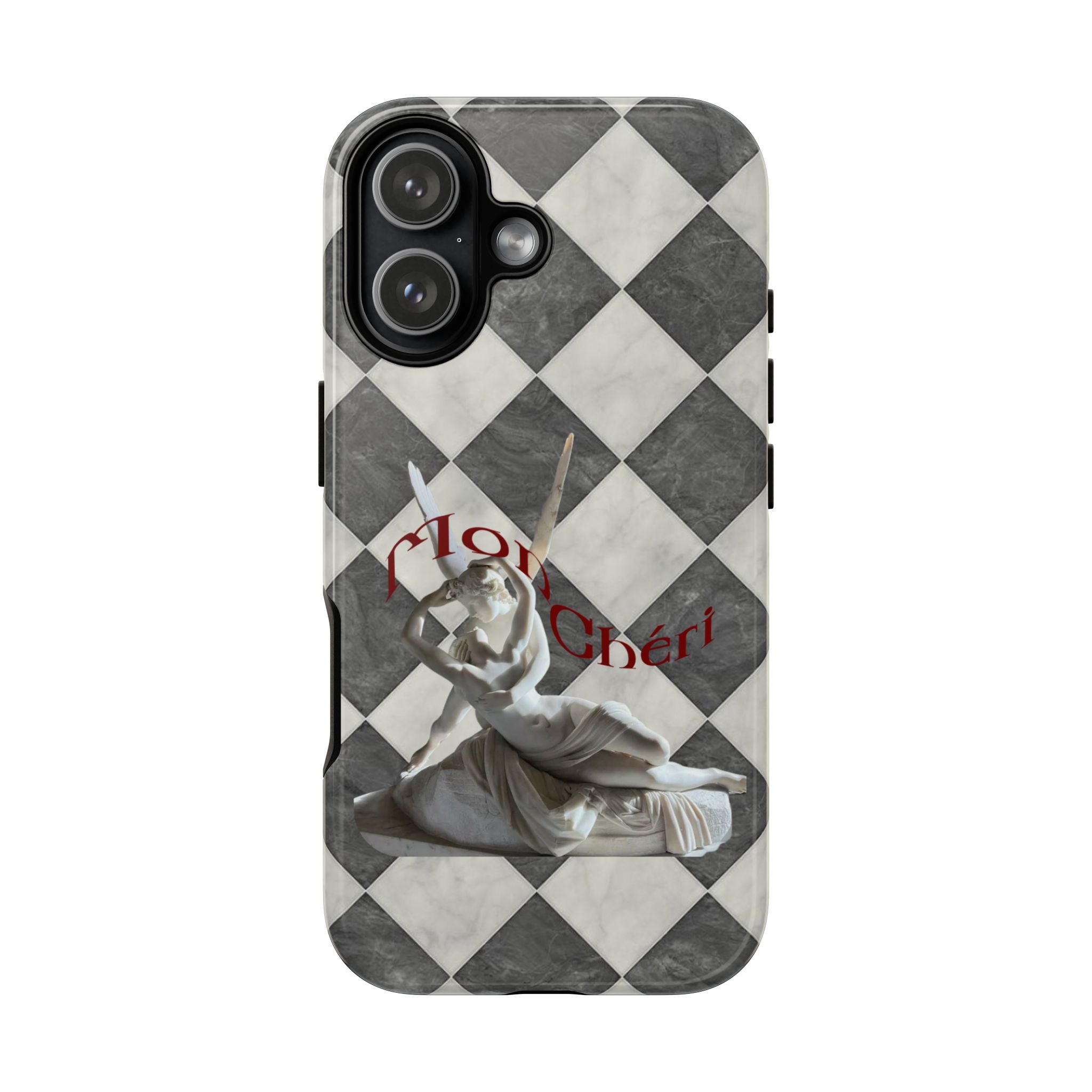 Phone Case — Vintage Harlequin Design with 'Mon Cheri' Statue Accent