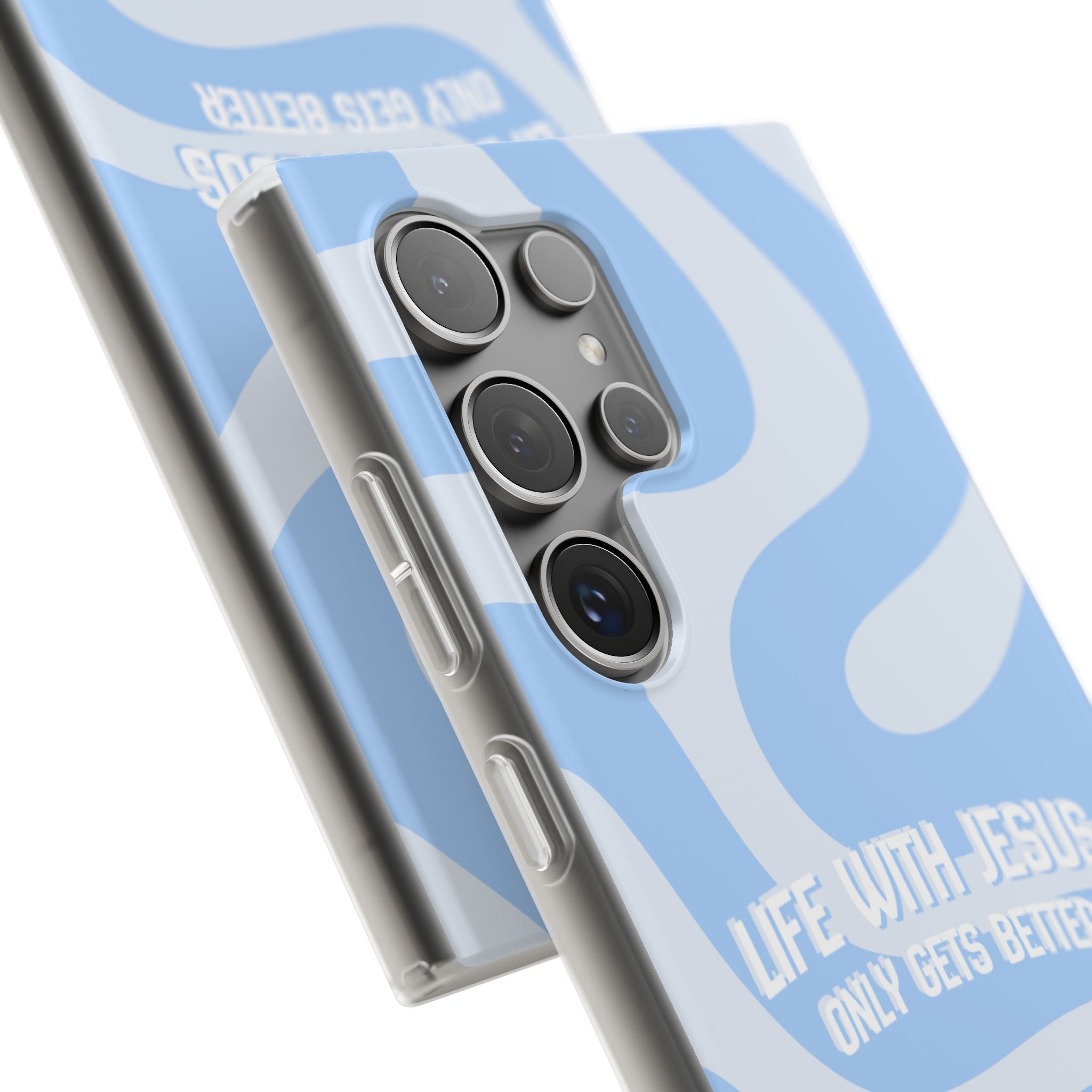 Phone Case — "Life With Jesus Only Gets Better" Blue Abstract Christian Flexi Case