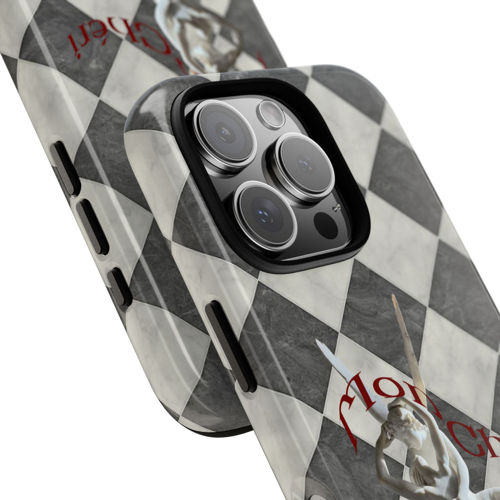 Phone Case — Vintage Harlequin Design with 'Mon Cheri' Statue Accent