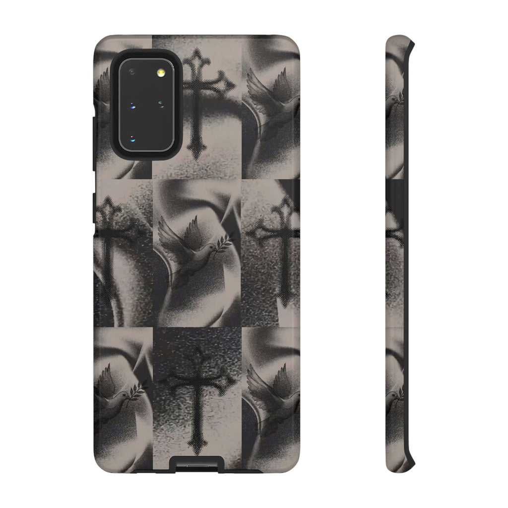 Gothic Cross & Dove Phone Case — Moody Checkerboard Protective Case