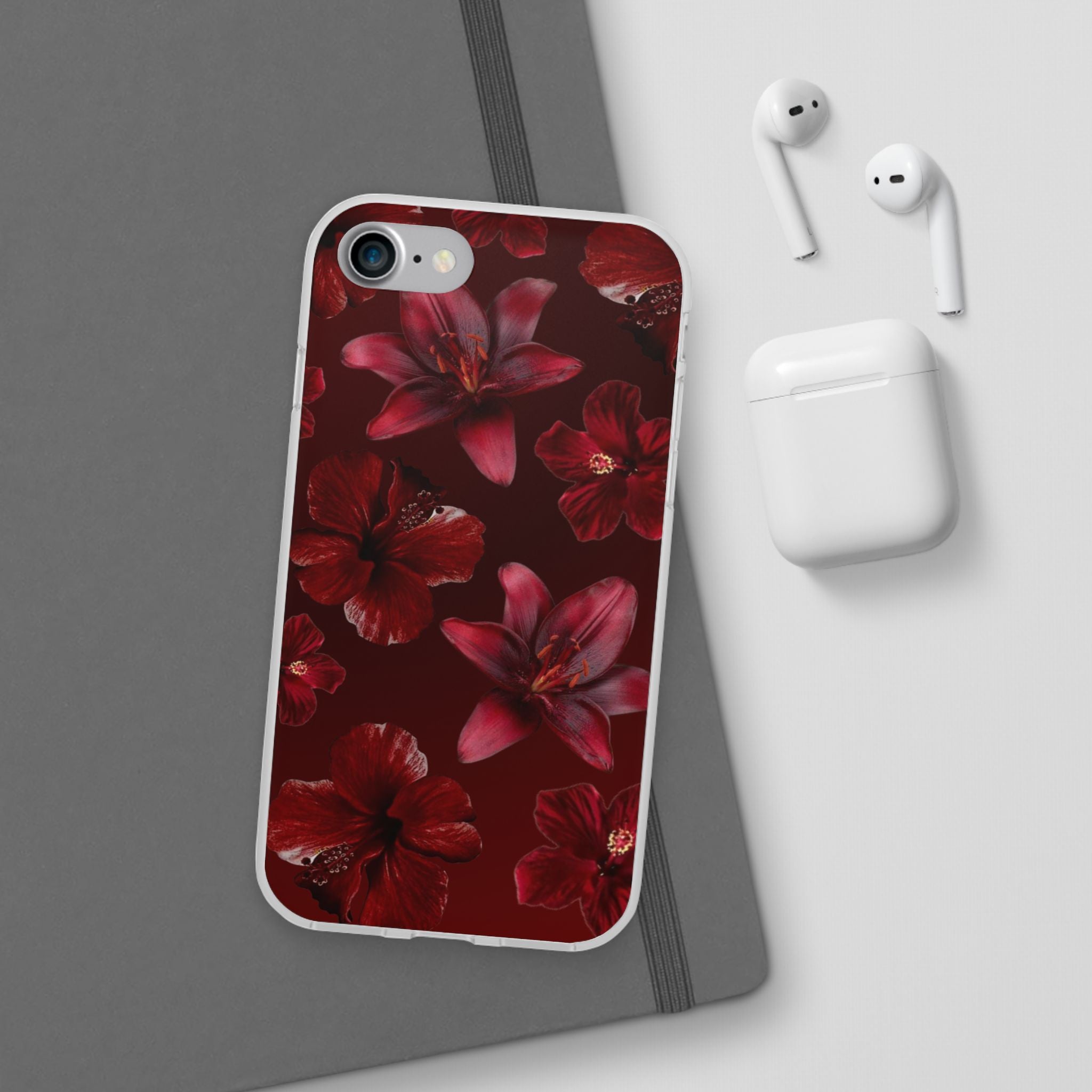 Red Floral Flexi Phone Case – Dark Burgundy Lily Pattern