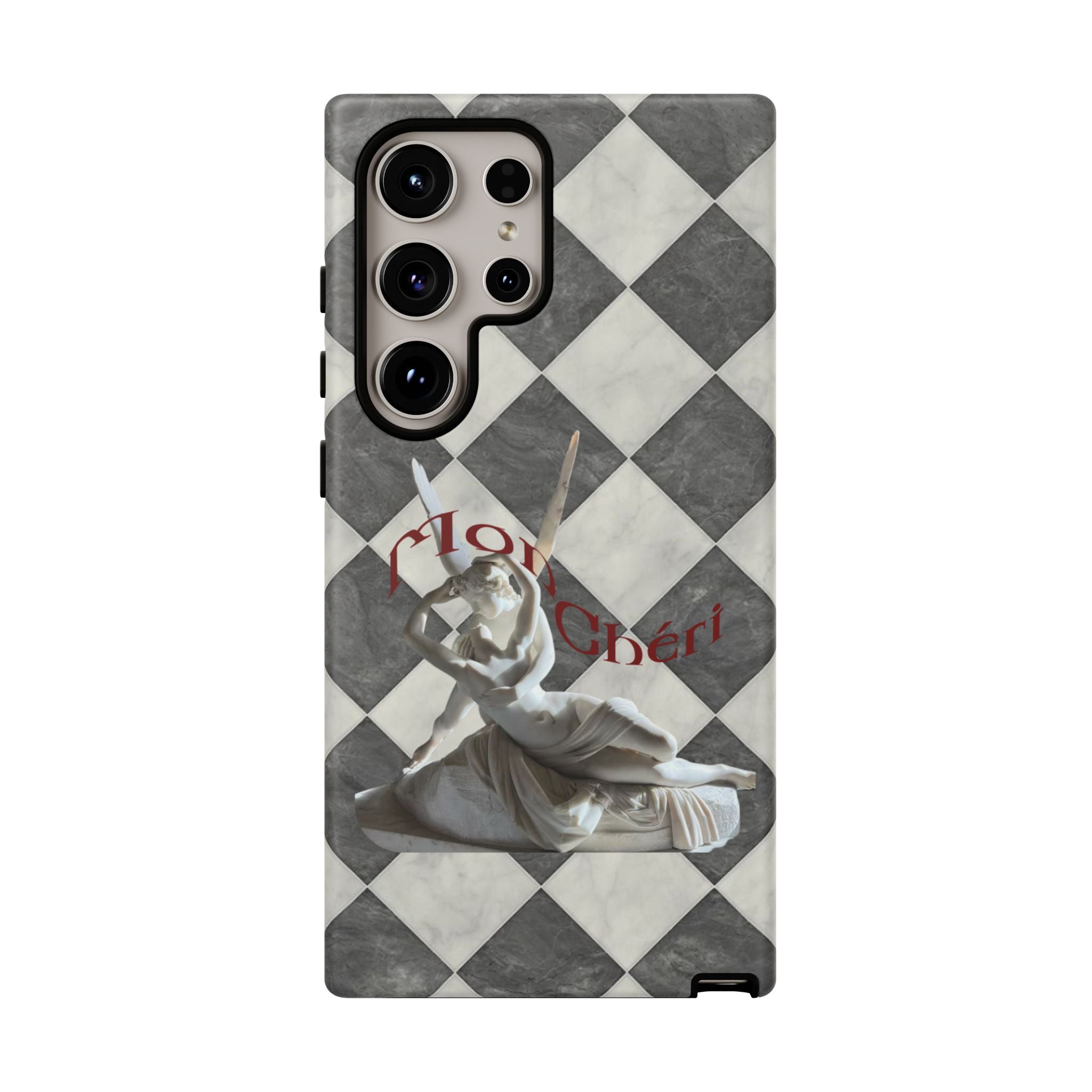 Phone Case — Vintage Harlequin Design with 'Mon Cheri' Statue Accent