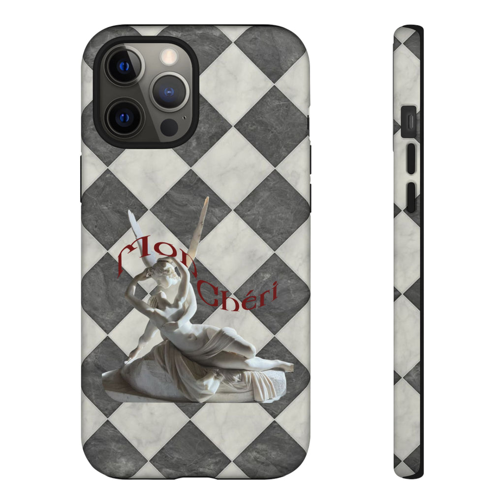 Phone Case — Vintage Harlequin Design with 'Mon Cheri' Statue Accent
