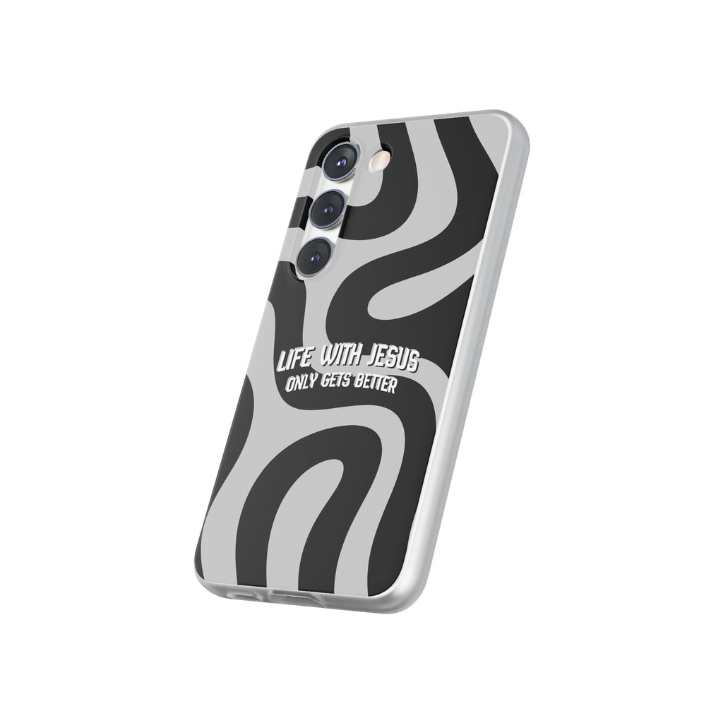 Religious Phone Case — "Life With Jesus Only Gets Better" Black & White Swirl Flexi Case