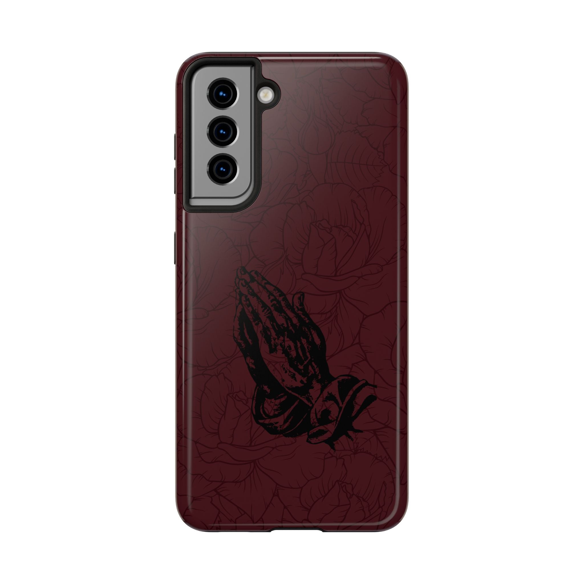 Burgundy Praying Hands Tough Phone Case – Floral Background, Religious Protective Cover