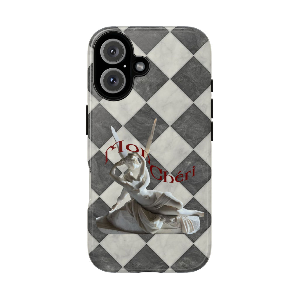 Phone Case — Vintage Harlequin Design with 'Mon Cheri' Statue Accent