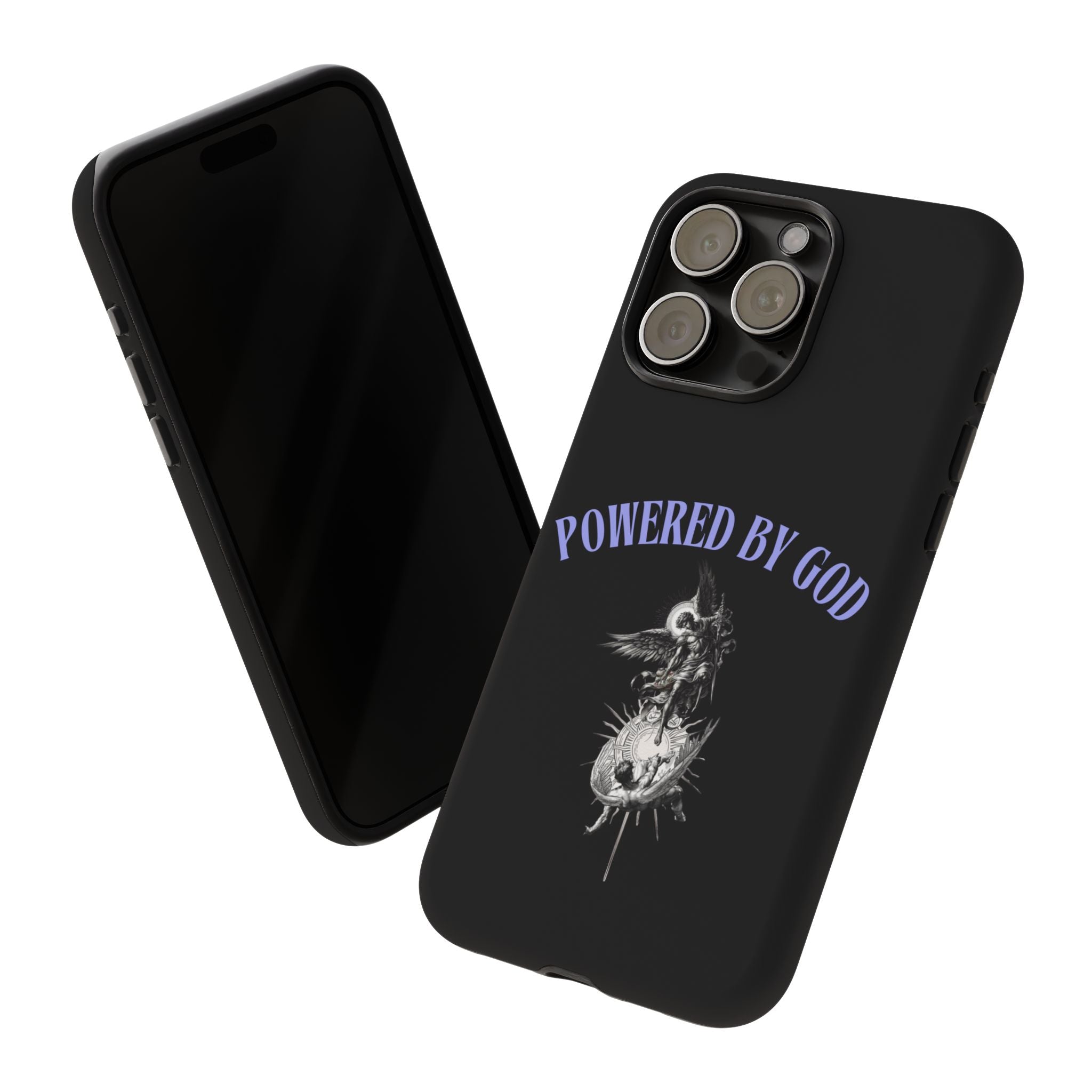 Phone Case — "Powered by God" Black Protective Case with Angelic Skull Design