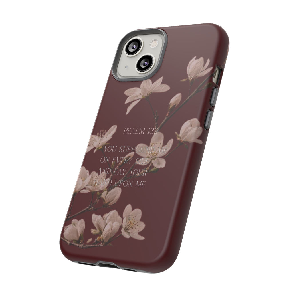 Floral Psalm Tough Phone Case — Burgundy Magnolia Branch with Psalm 139 Verse
