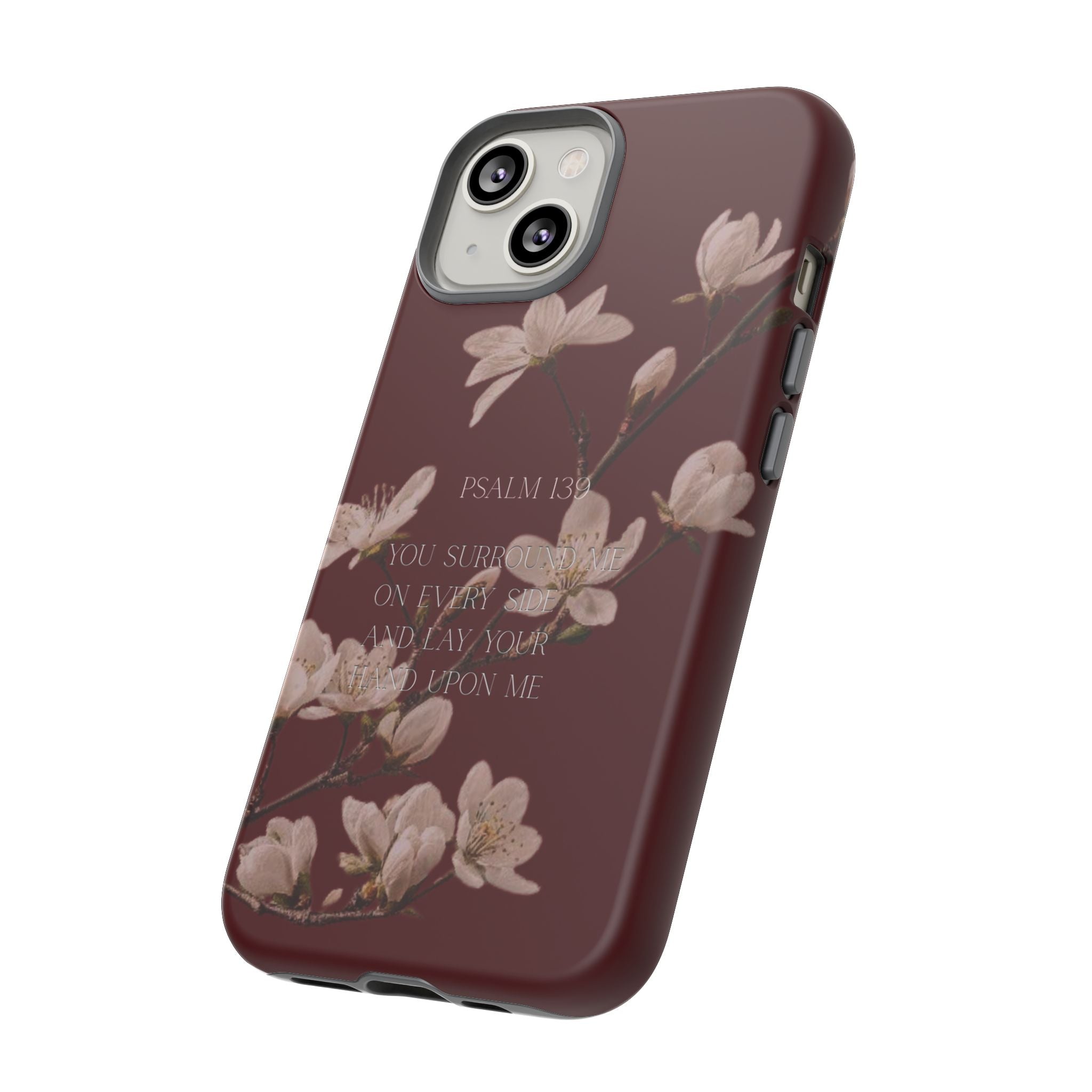Floral Psalm Tough Phone Case — Burgundy Magnolia Branch with Psalm 139 Verse