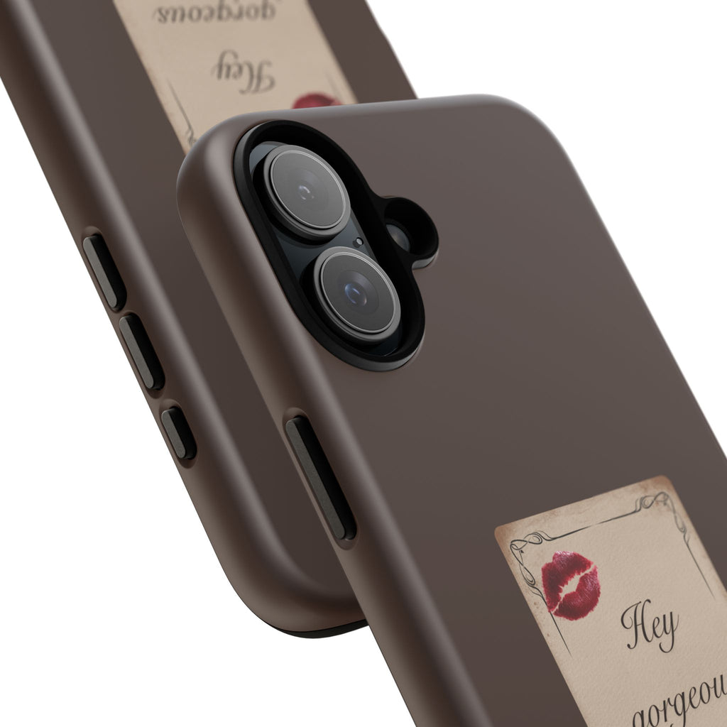 Hey Gorgeous Phone Case — Brown Lip Print & Shadow Hand Protective Cover