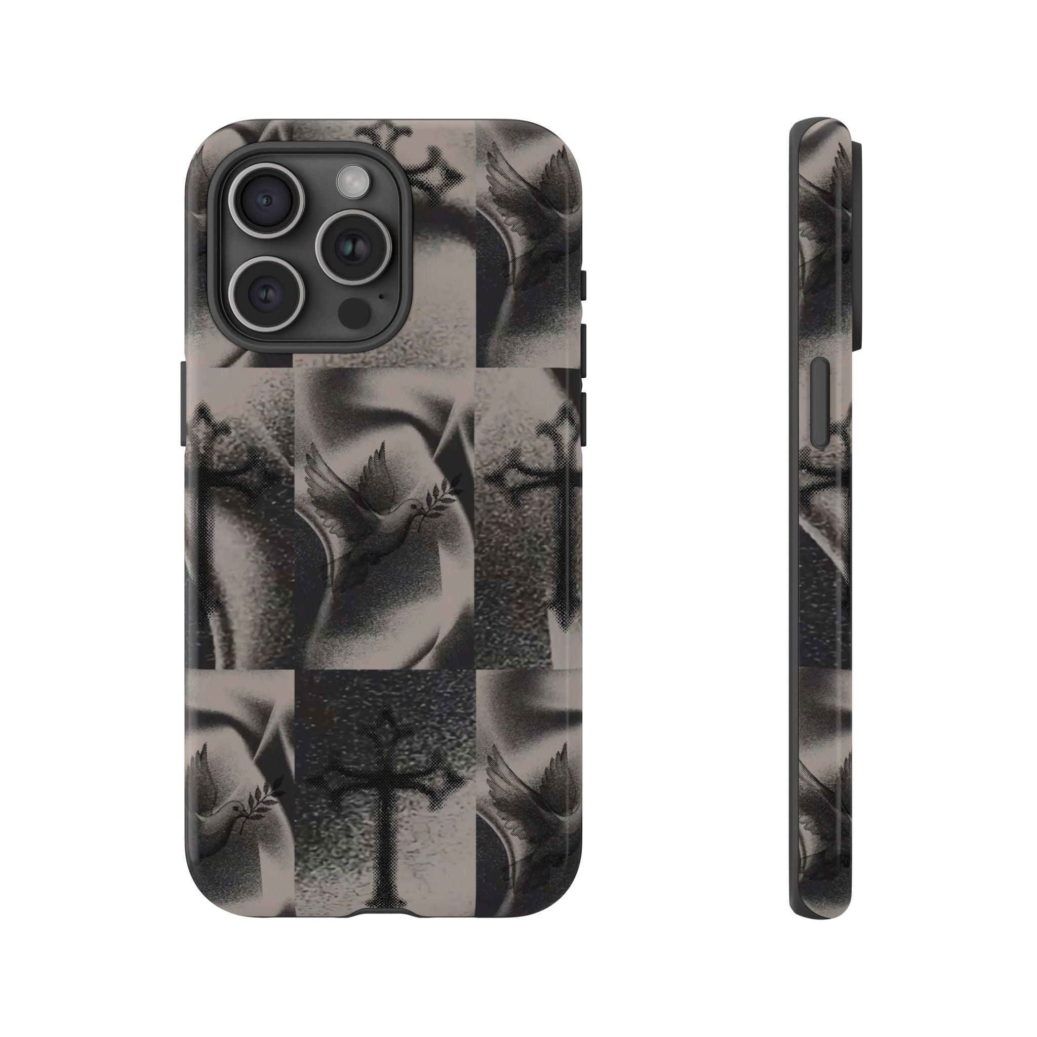 Gothic Cross & Dove Phone Case — Moody Checkerboard Protective Case