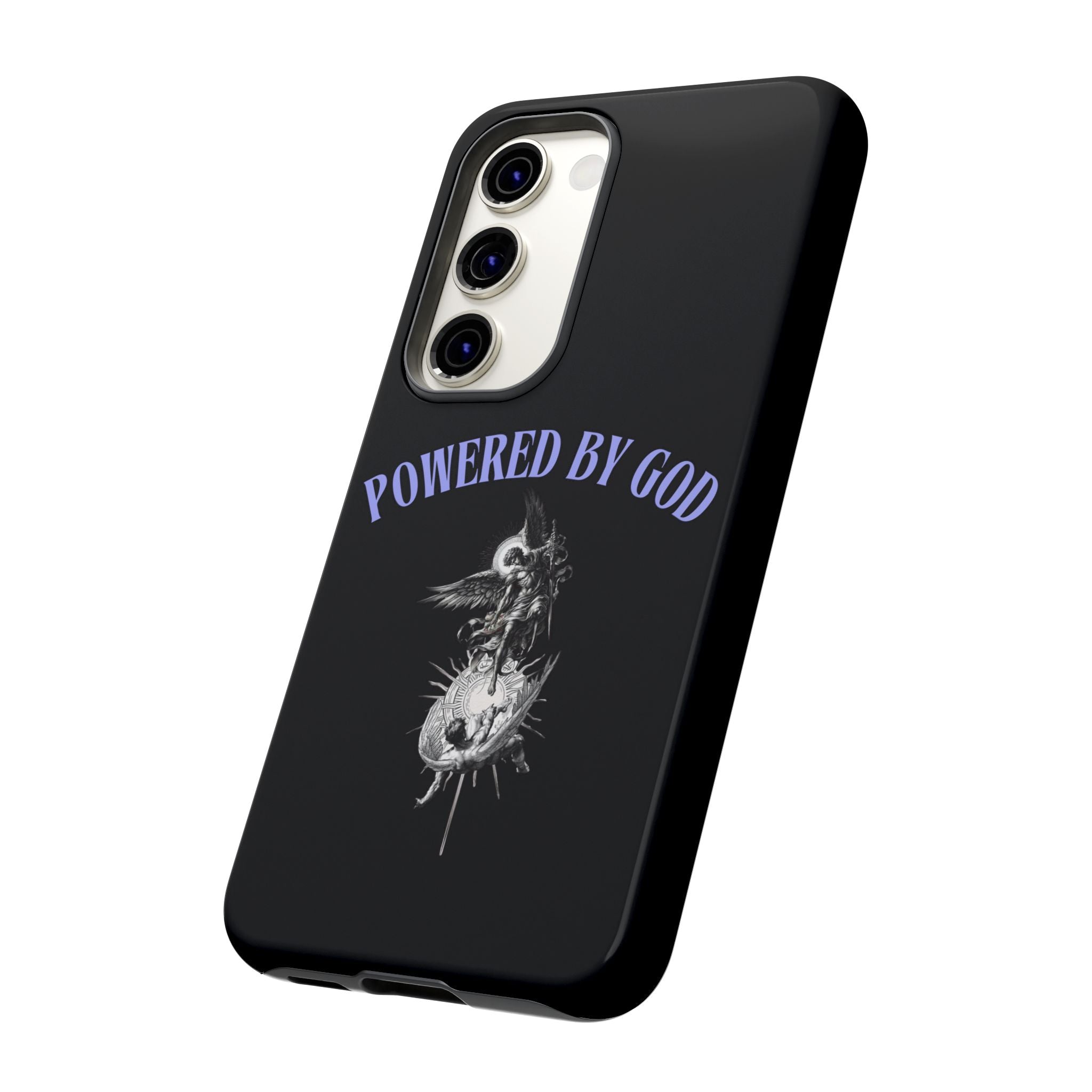 Phone Case — "Powered by God" Black Protective Case with Angelic Skull Design