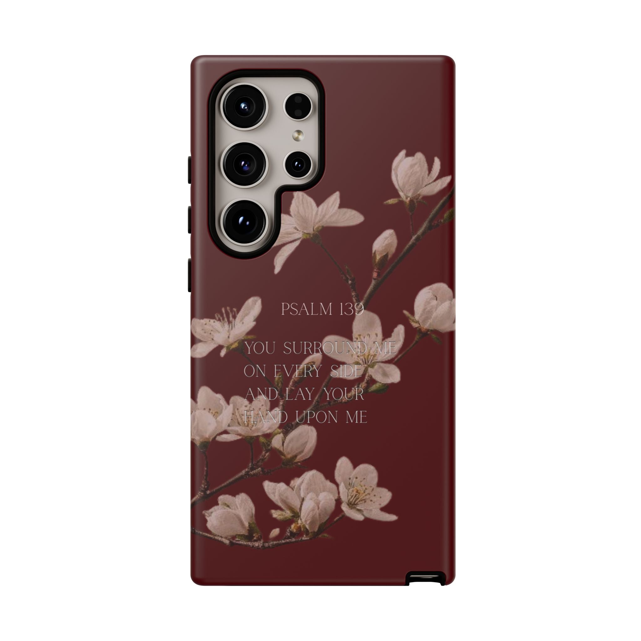 Floral Psalm Tough Phone Case — Burgundy Magnolia Branch with Psalm 139 Verse
