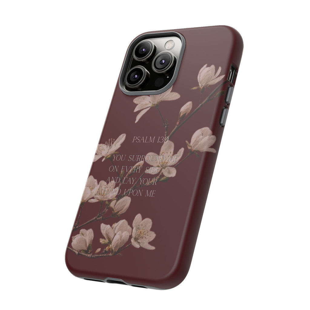 Floral Psalm Tough Phone Case — Burgundy Magnolia Branch with Psalm 139 Verse