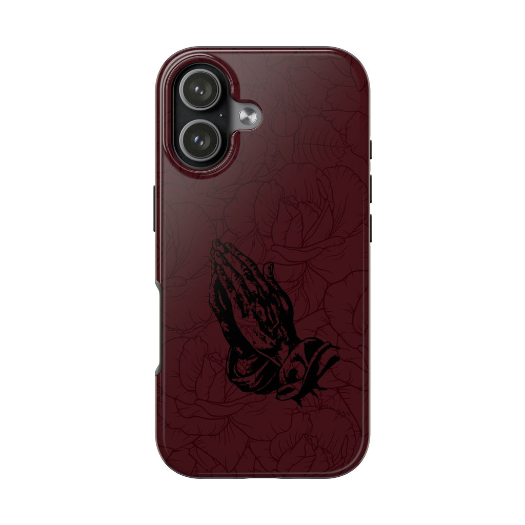 Burgundy Praying Hands Tough Phone Case – Floral Background, Religious Protective Cover