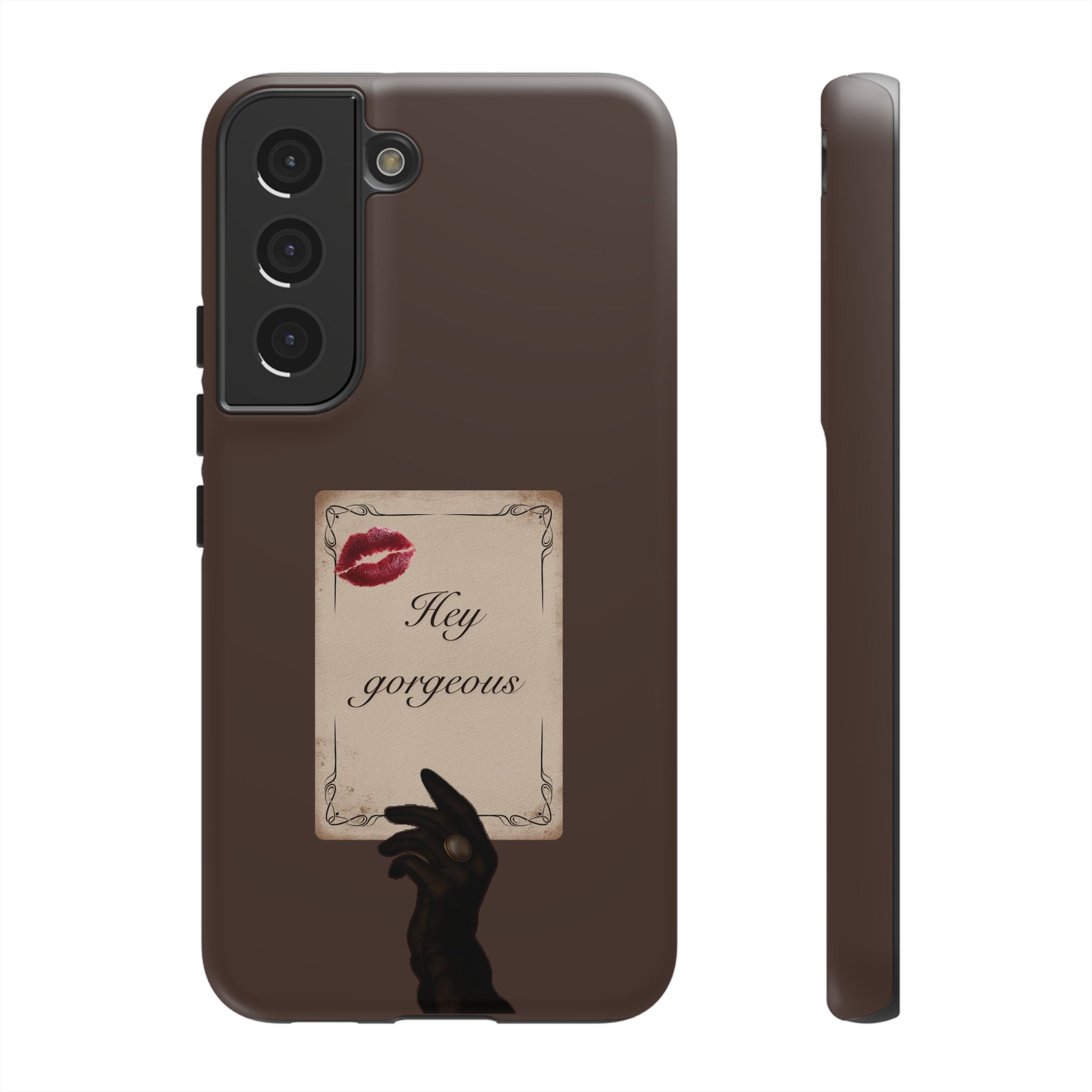 Hey Gorgeous Phone Case — Brown Lip Print & Shadow Hand Protective Cover
