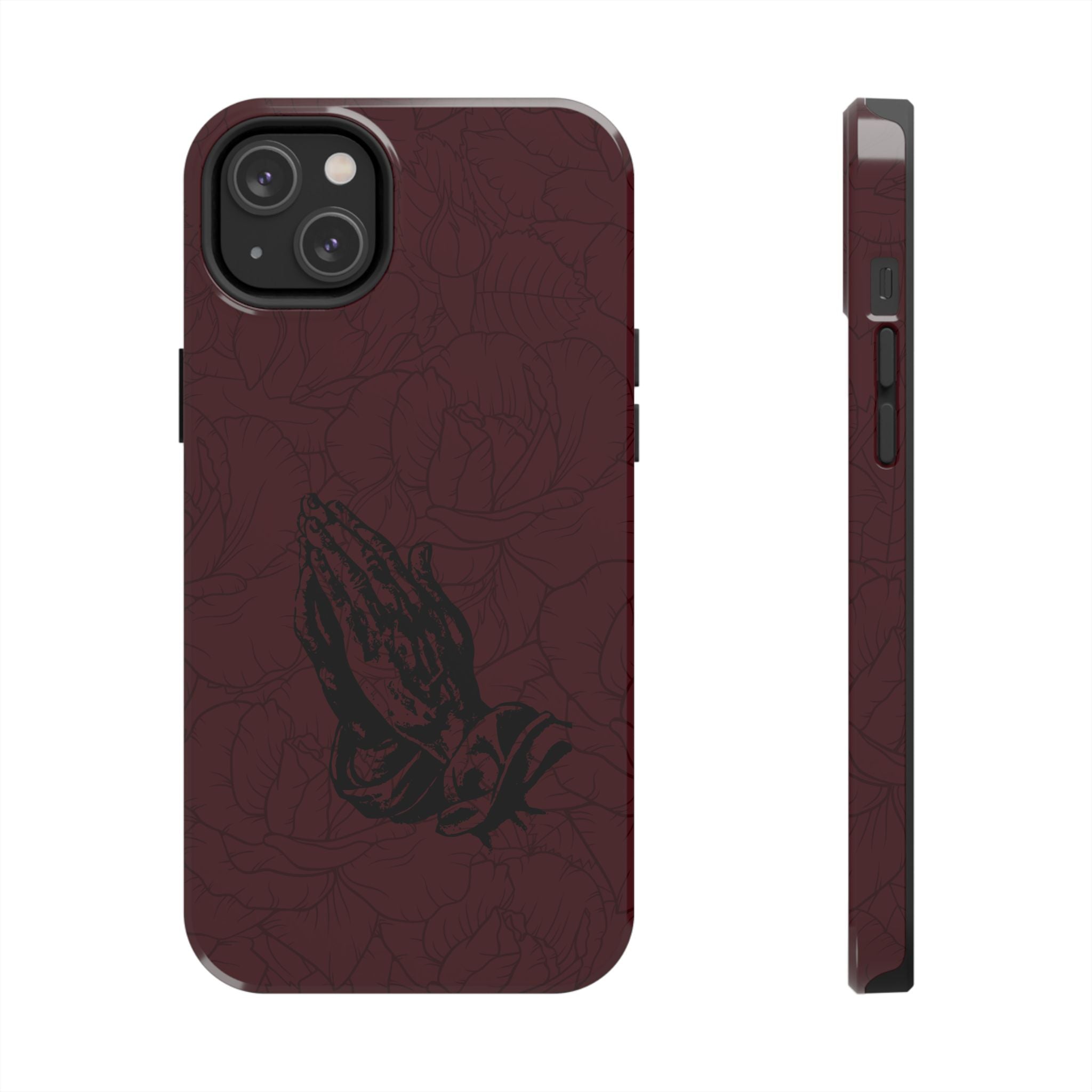 Burgundy Praying Hands Tough Phone Case – Floral Background, Religious Protective Cover