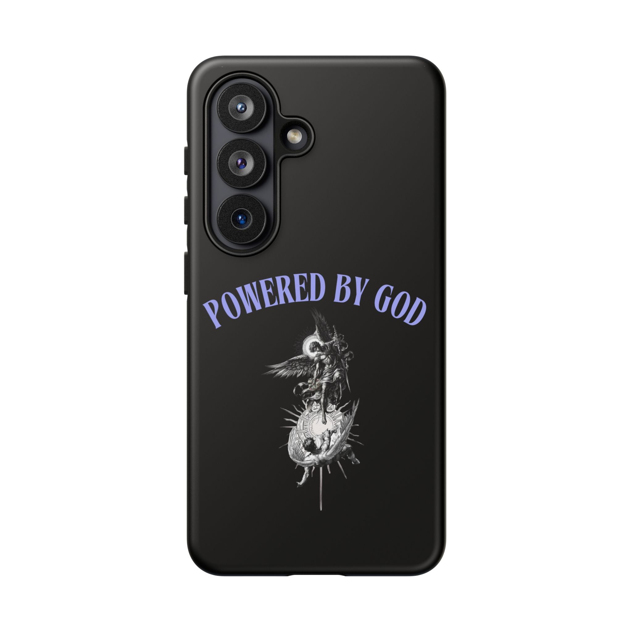 Phone Case — "Powered by God" Black Protective Case with Angelic Skull Design