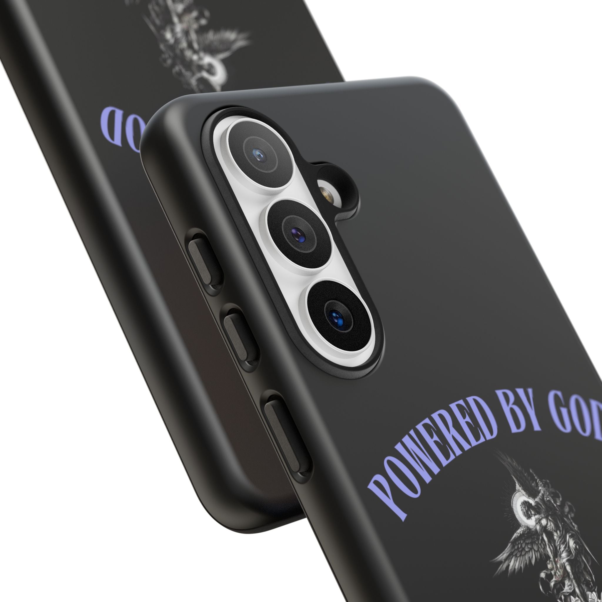 Phone Case — "Powered by God" Black Protective Case with Angelic Skull Design