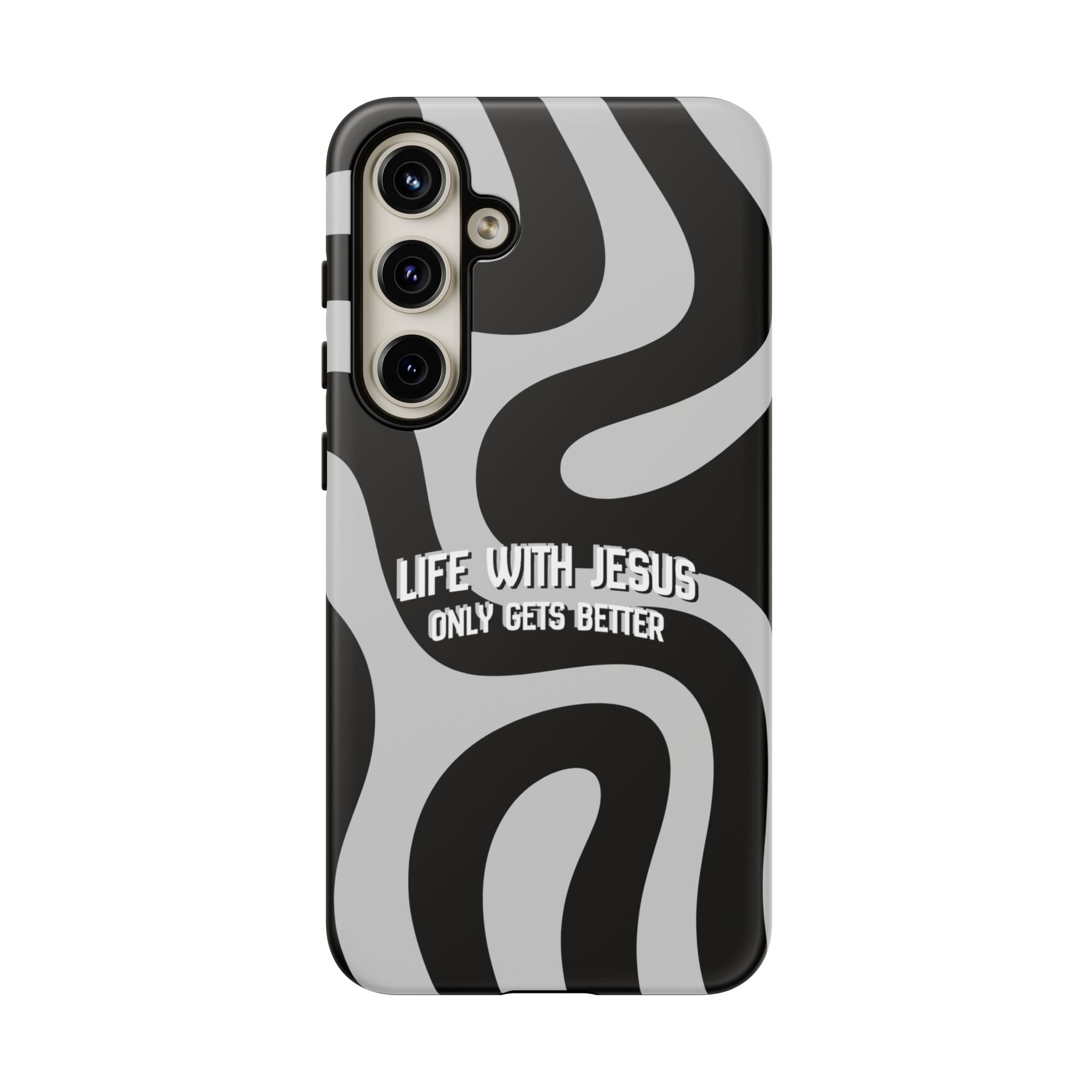 Christian iPhone Tough Case — "Life With Jesus Only Gets Better" Black & White Swirl Design