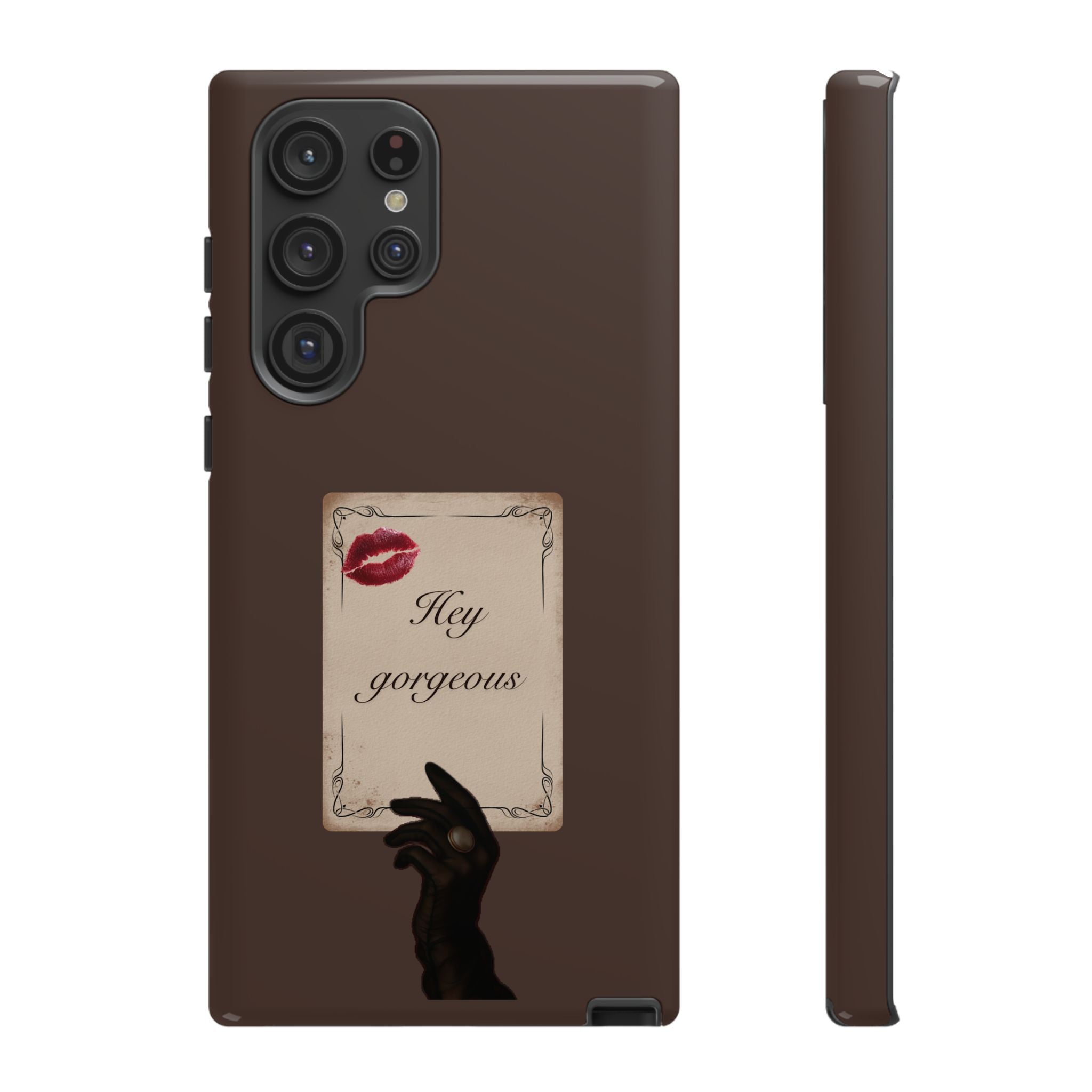 Hey Gorgeous Phone Case — Brown Lip Print & Shadow Hand Protective Cover