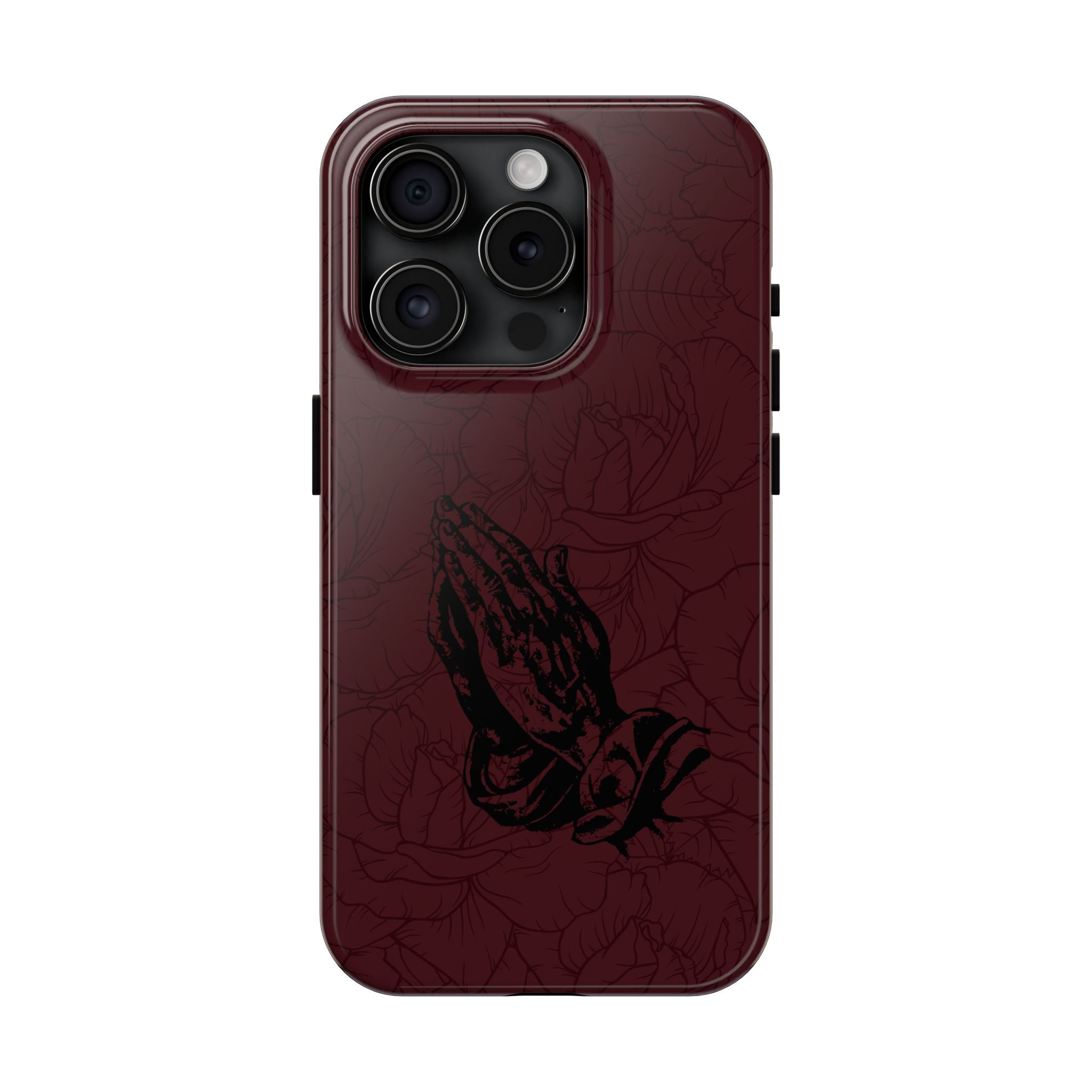 Burgundy Praying Hands Tough Phone Case – Floral Background, Religious Protective Cover