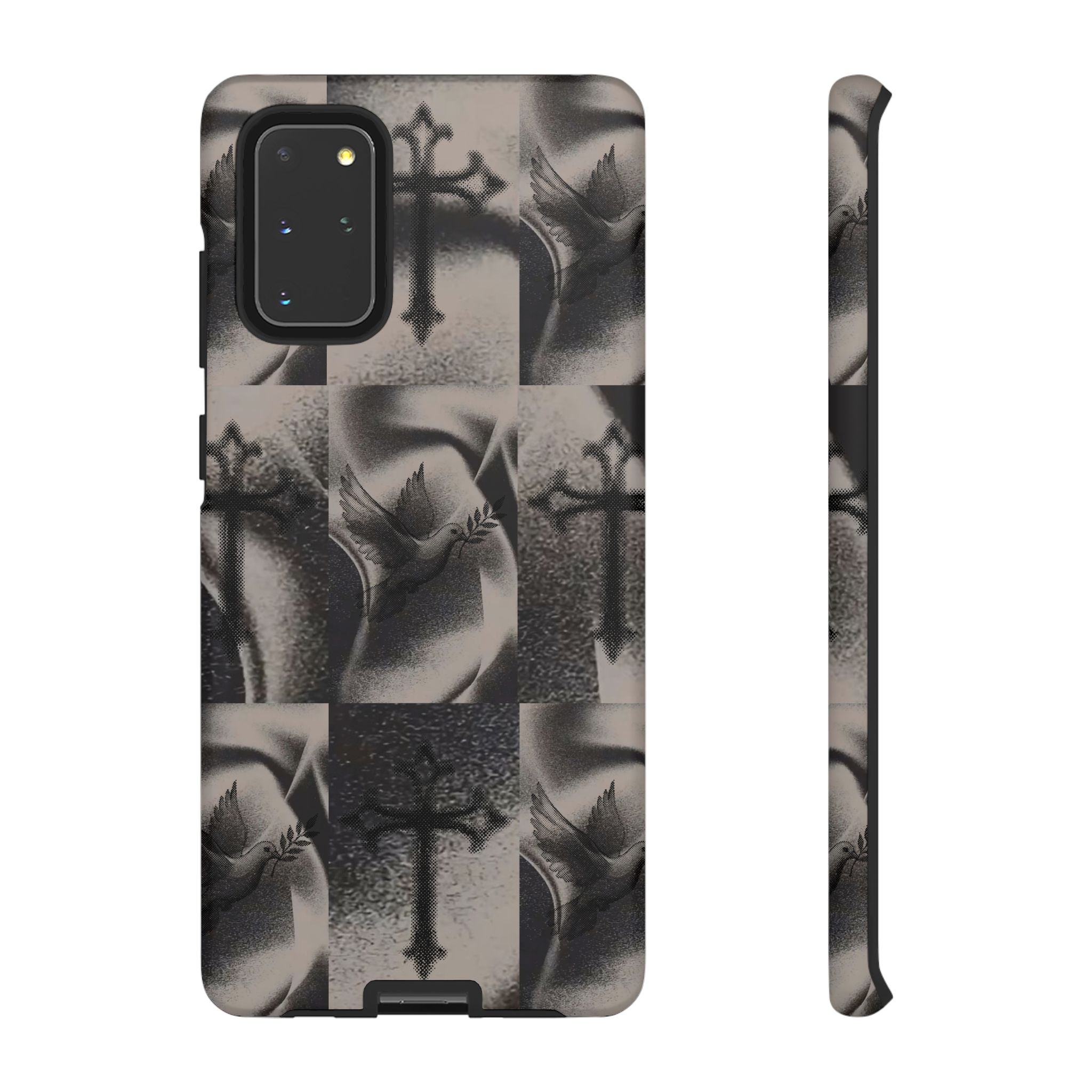 Gothic Cross & Dove Phone Case — Moody Checkerboard Protective Case