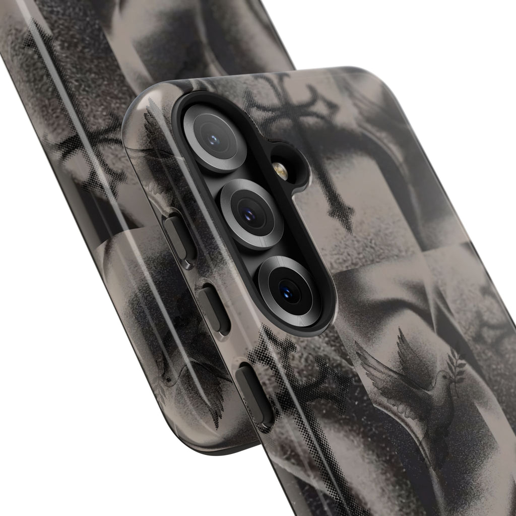 Gothic Cross & Dove Phone Case — Moody Checkerboard Protective Case