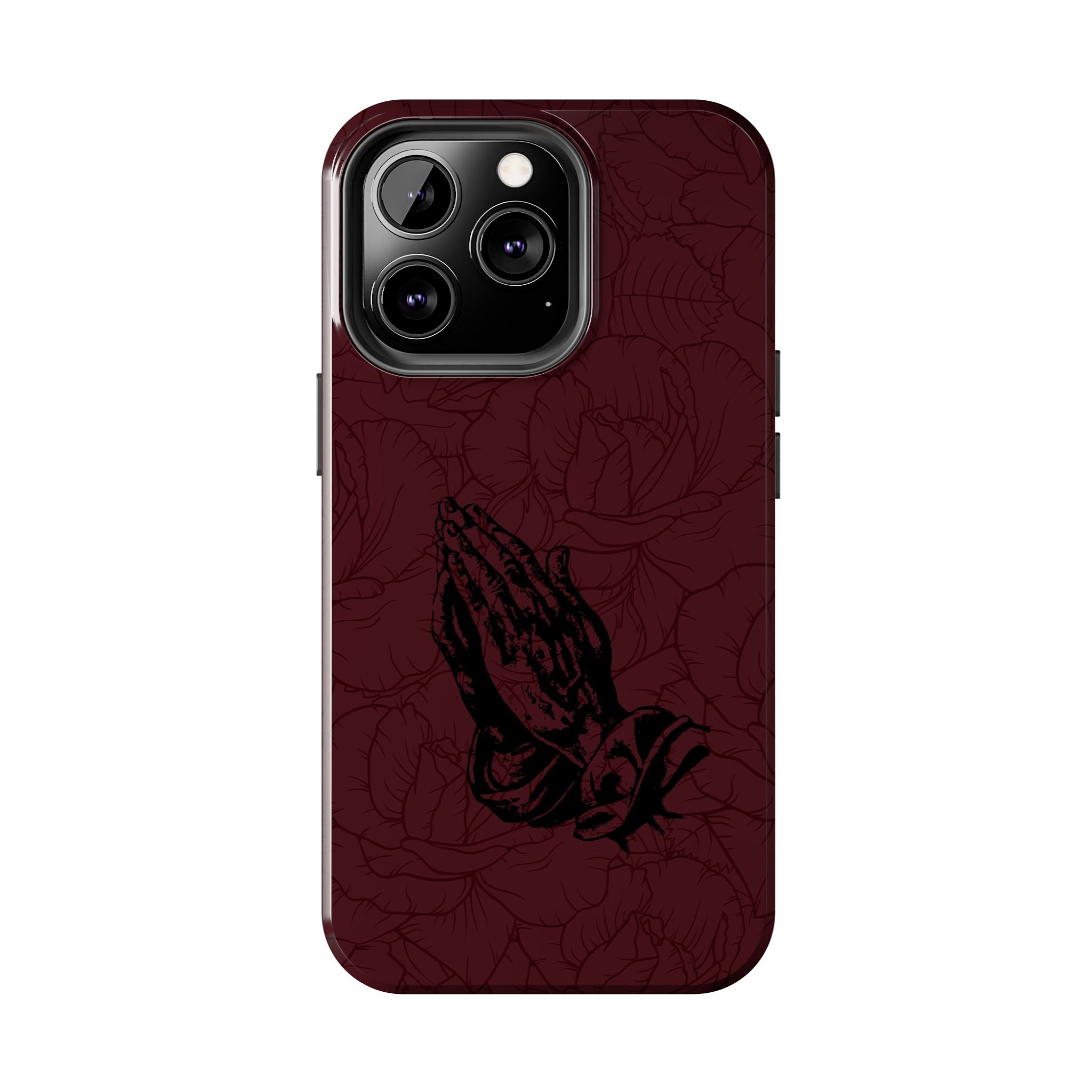 Burgundy Praying Hands Tough Phone Case – Floral Background, Religious Protective Cover