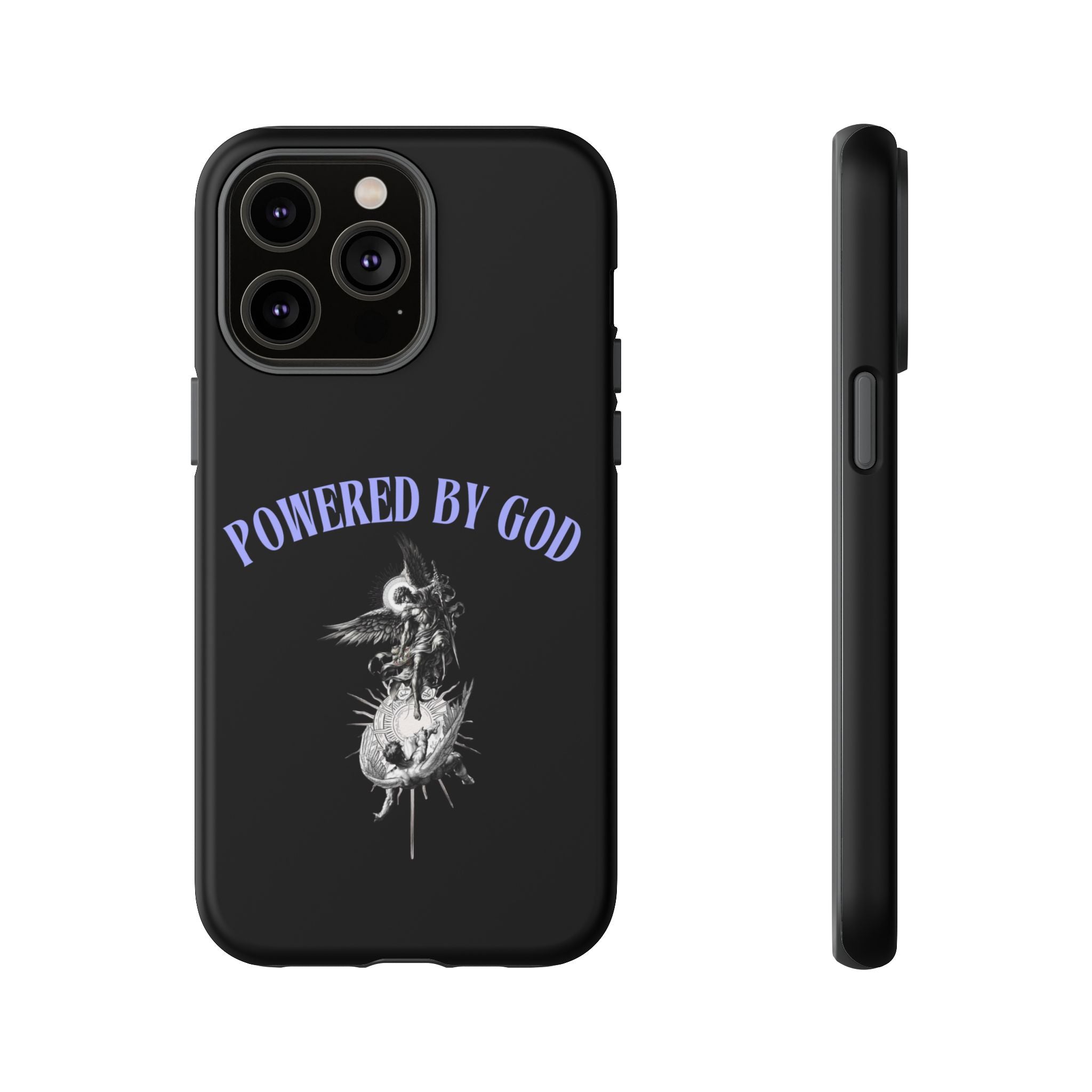 Phone Case — "Powered by God" Black Protective Case with Angelic Skull Design