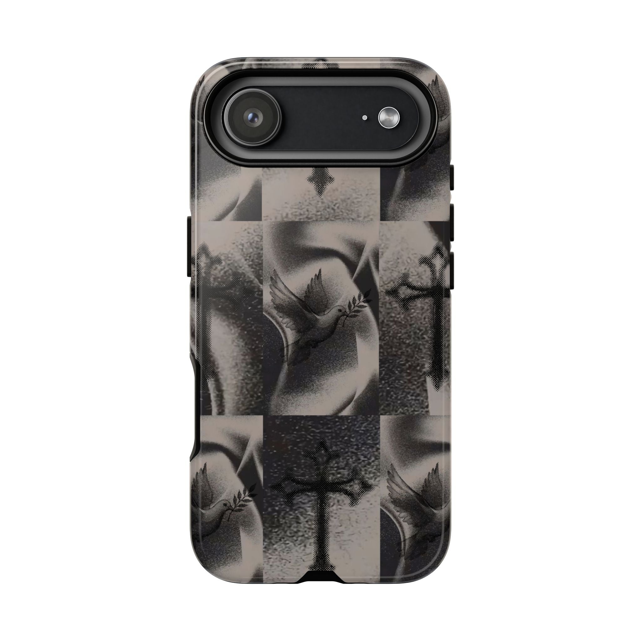 Gothic Cross & Dove Phone Case — Moody Checkerboard Protective Case