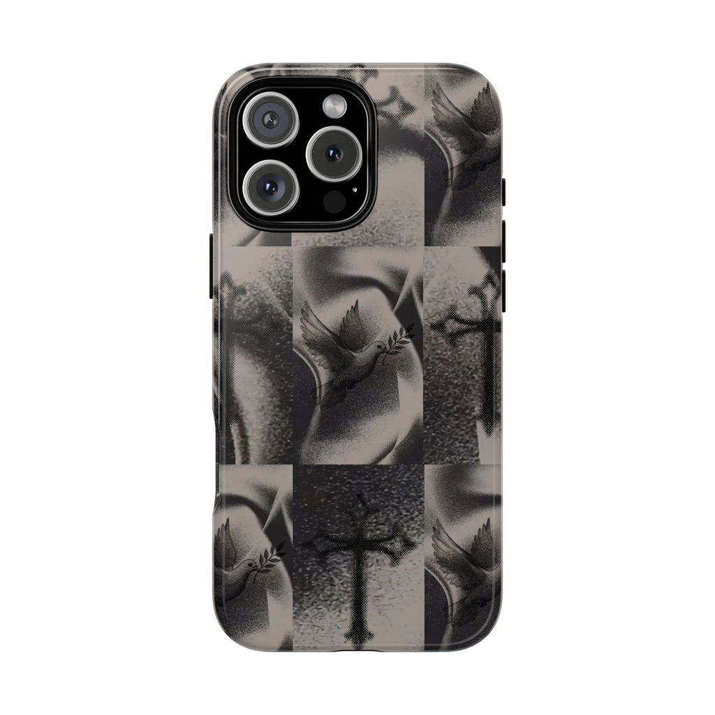 Gothic Cross & Dove Phone Case — Moody Checkerboard Protective Case