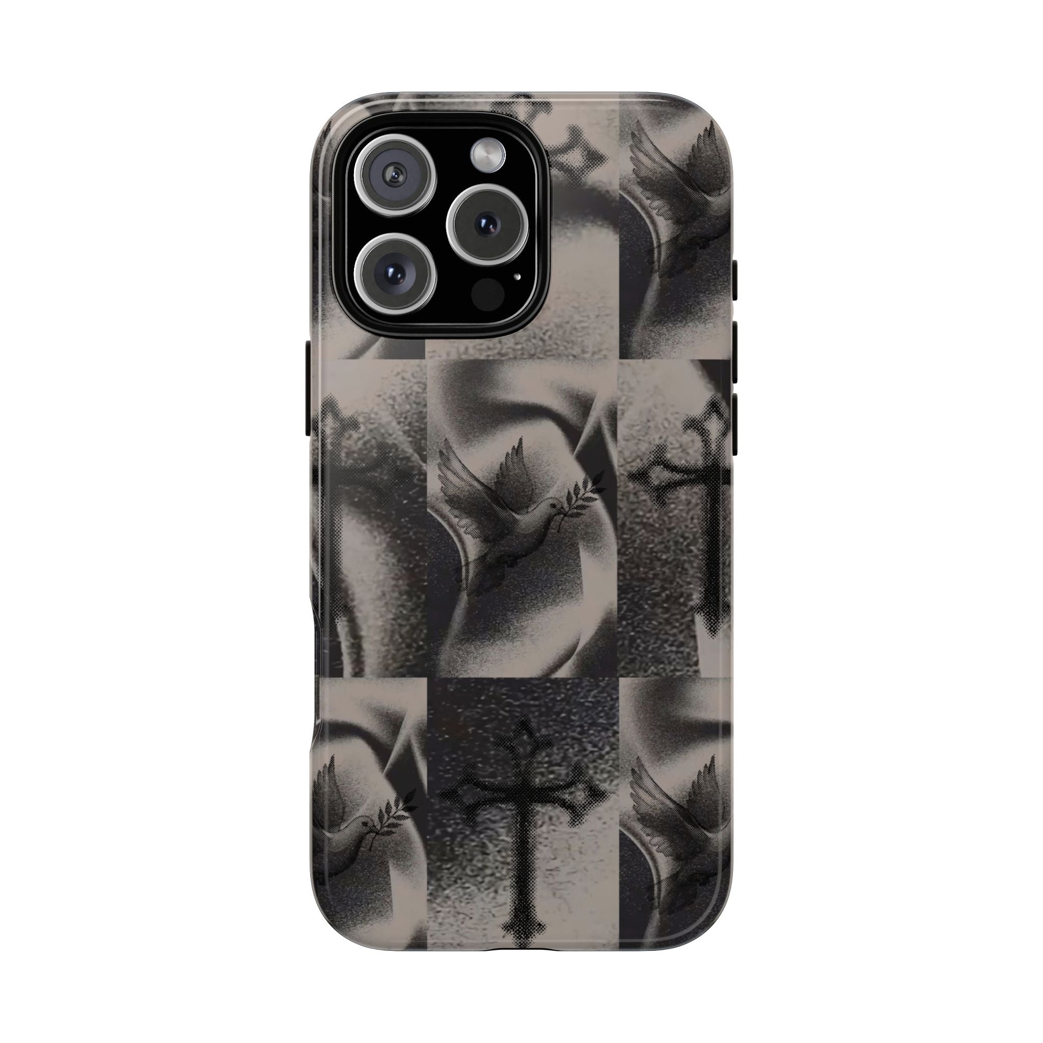 Gothic Cross & Dove Phone Case — Moody Checkerboard Protective Case