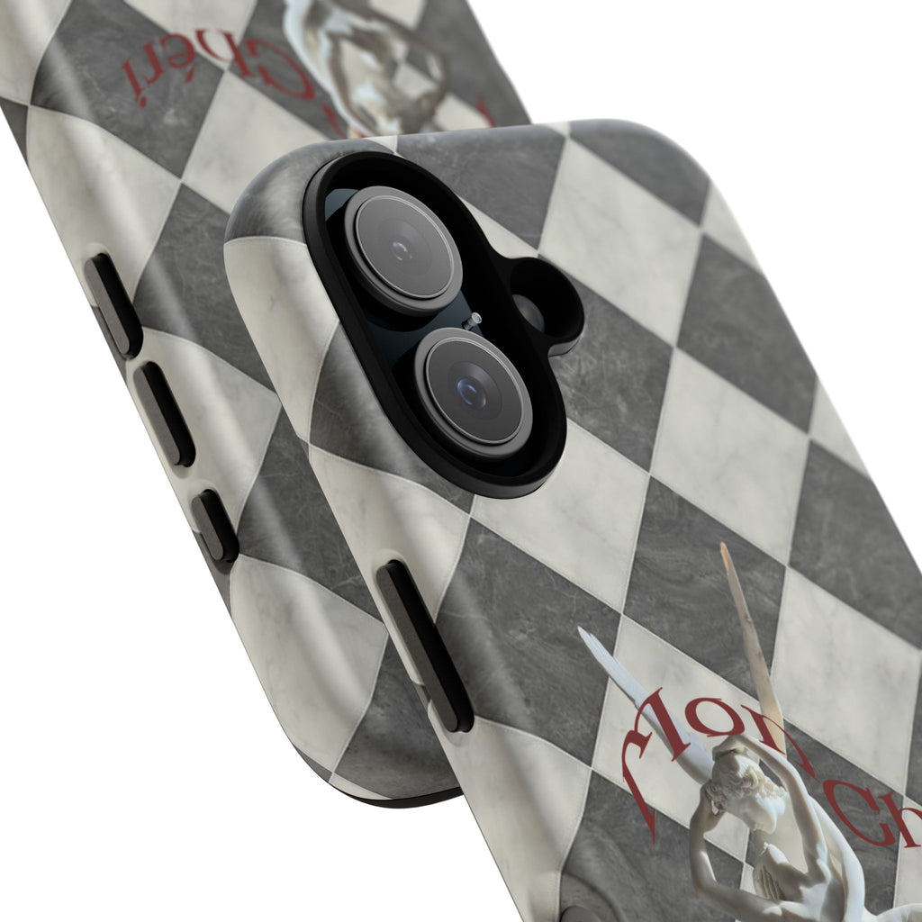 Phone Case — Vintage Harlequin Design with 'Mon Cheri' Statue Accent