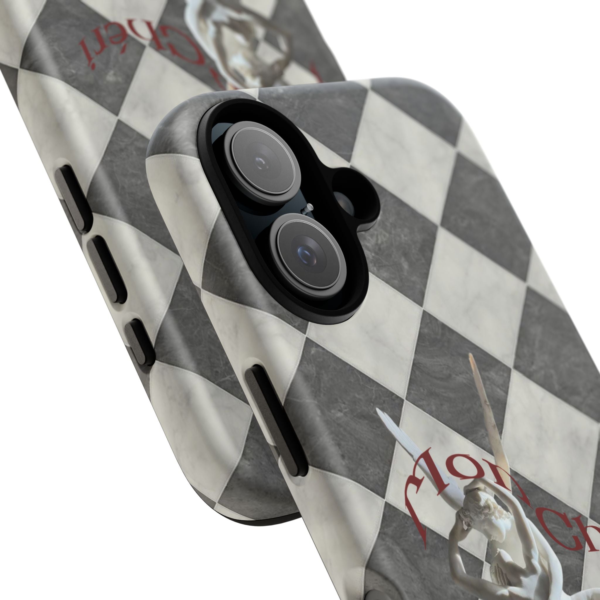 Phone Case — Vintage Harlequin Design with 'Mon Cheri' Statue Accent