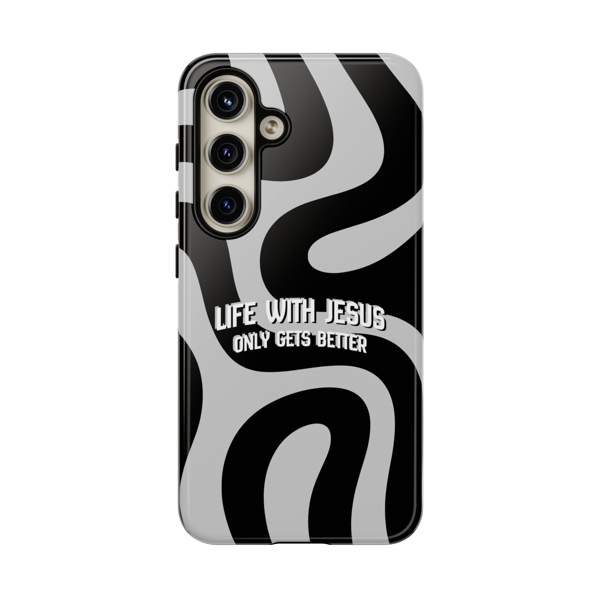Christian iPhone Tough Case — "Life With Jesus Only Gets Better" Black & White Swirl Design