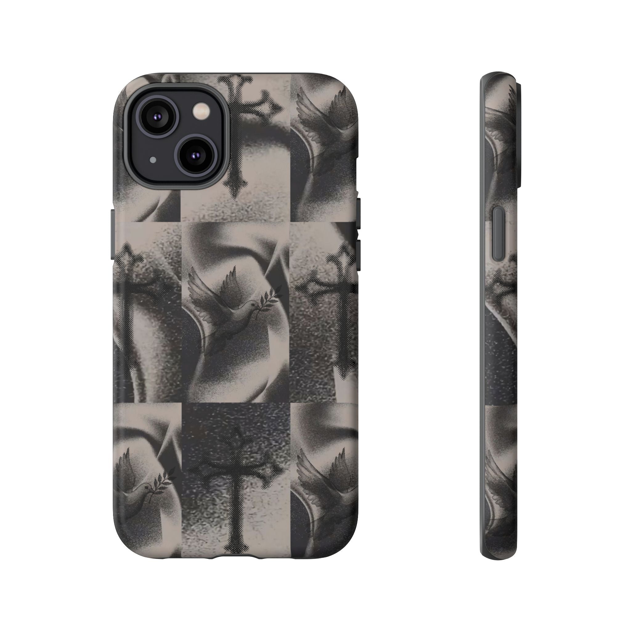 Gothic Cross & Dove Phone Case — Moody Checkerboard Protective Case
