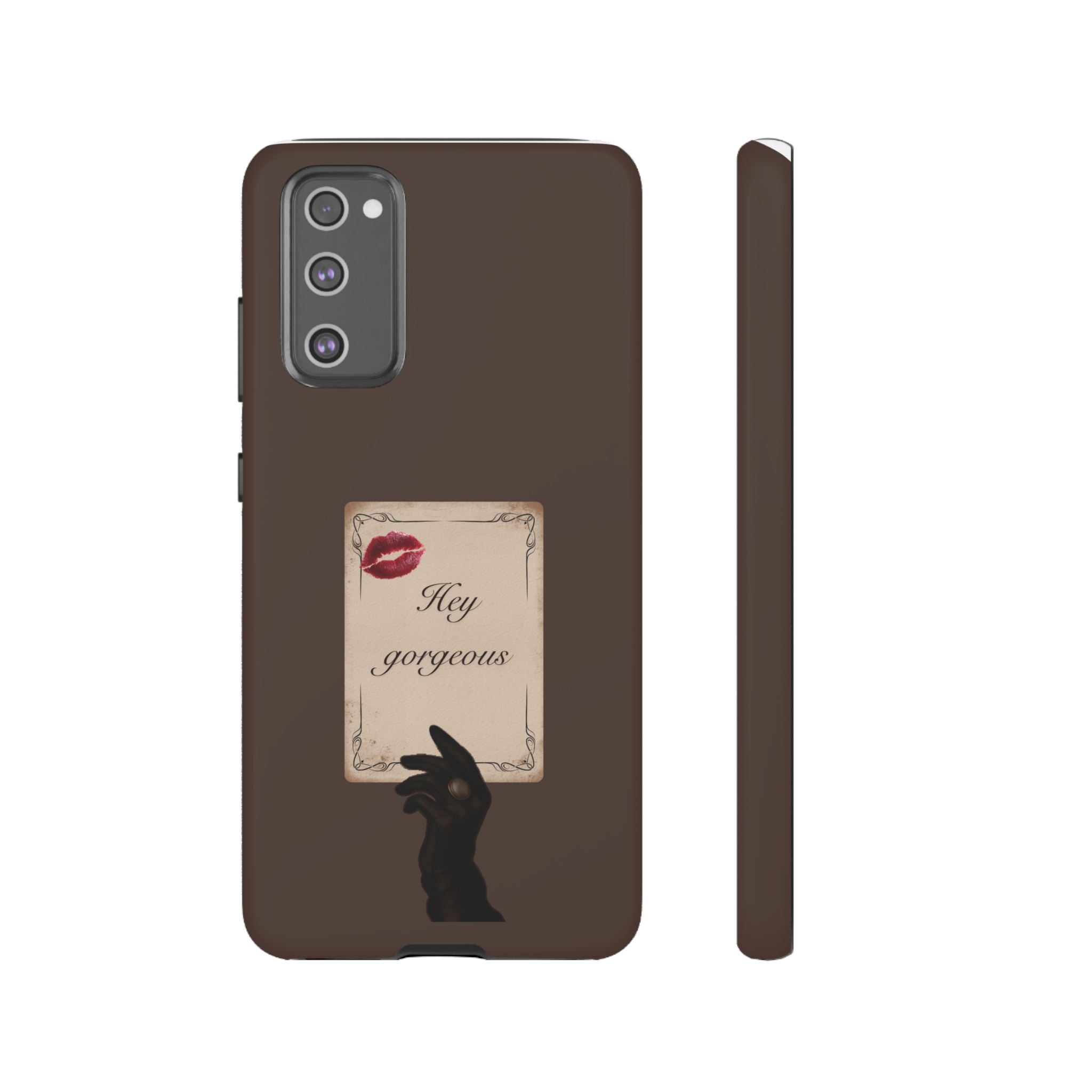 Hey Gorgeous Phone Case — Brown Lip Print & Shadow Hand Protective Cover