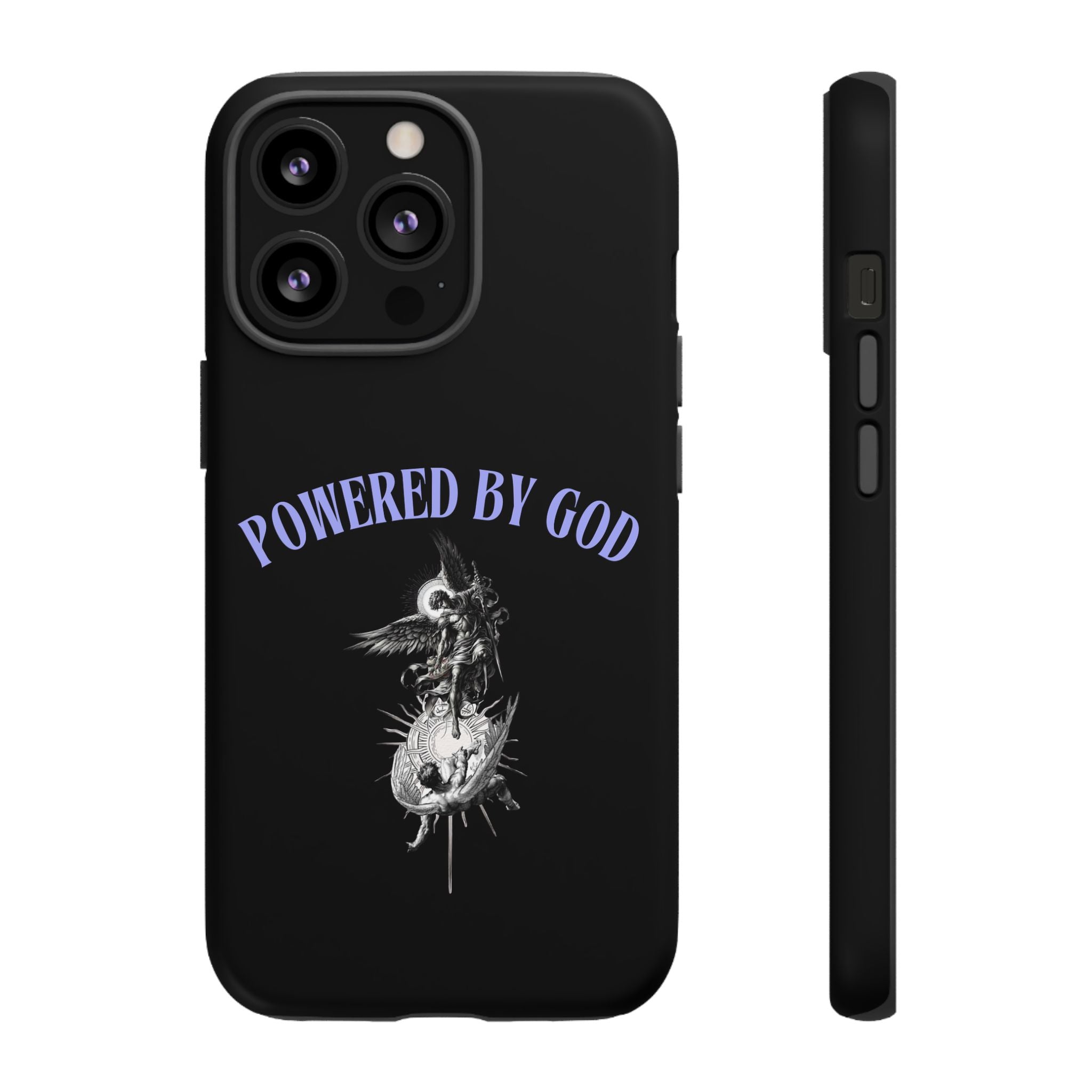 Phone Case — "Powered by God" Black Protective Case with Angelic Skull Design