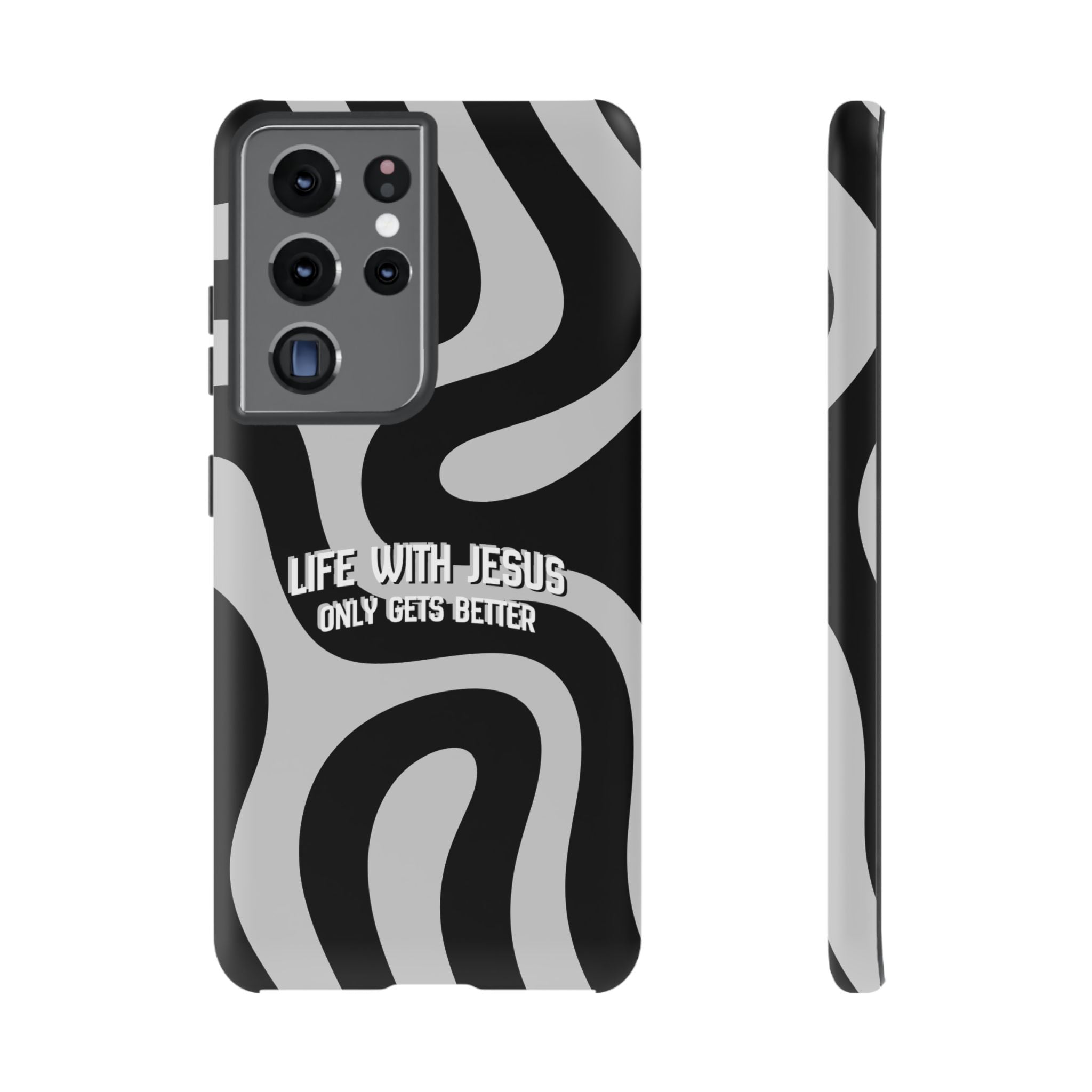 Christian iPhone Tough Case — "Life With Jesus Only Gets Better" Black & White Swirl Design