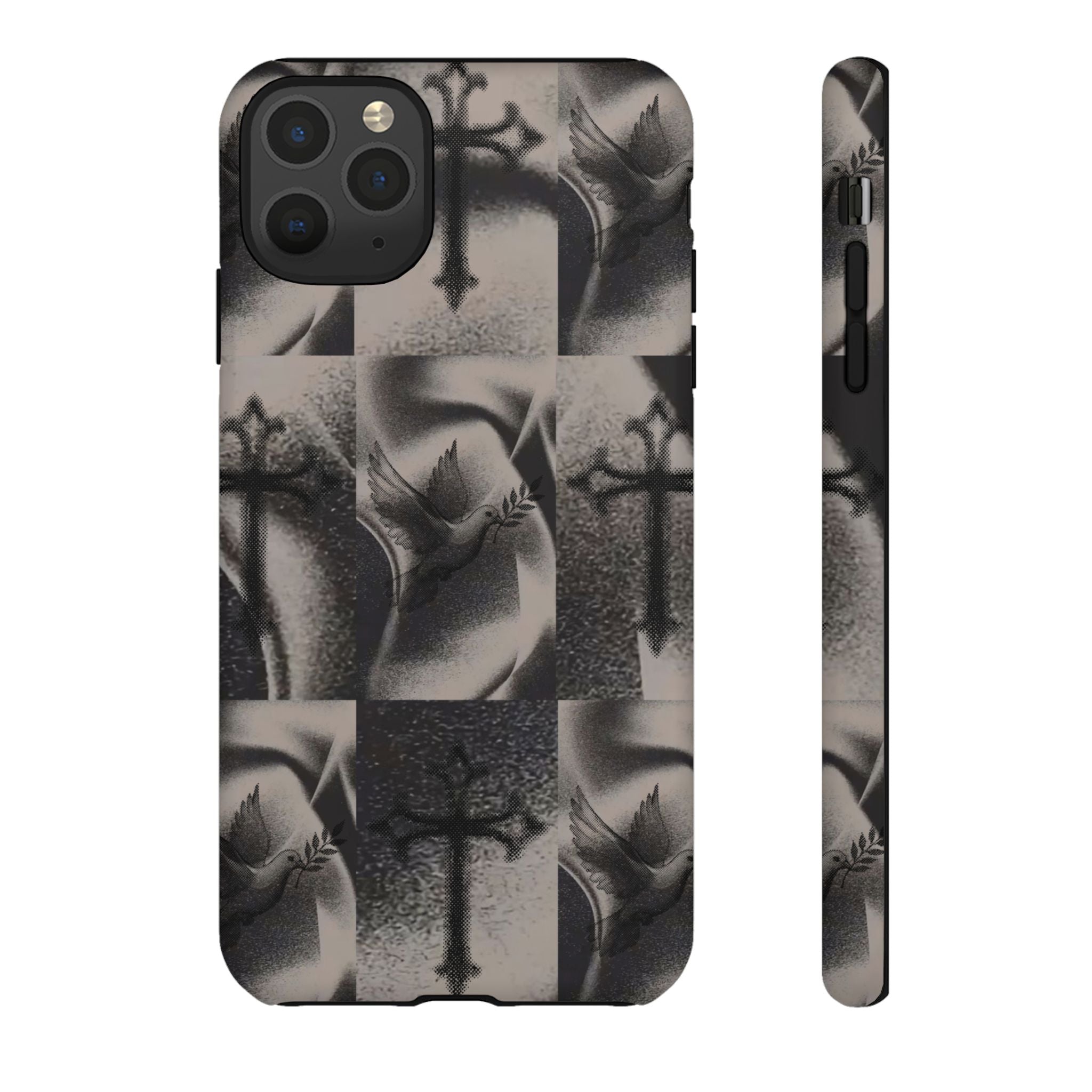 Gothic Cross & Dove Phone Case — Moody Checkerboard Protective Case