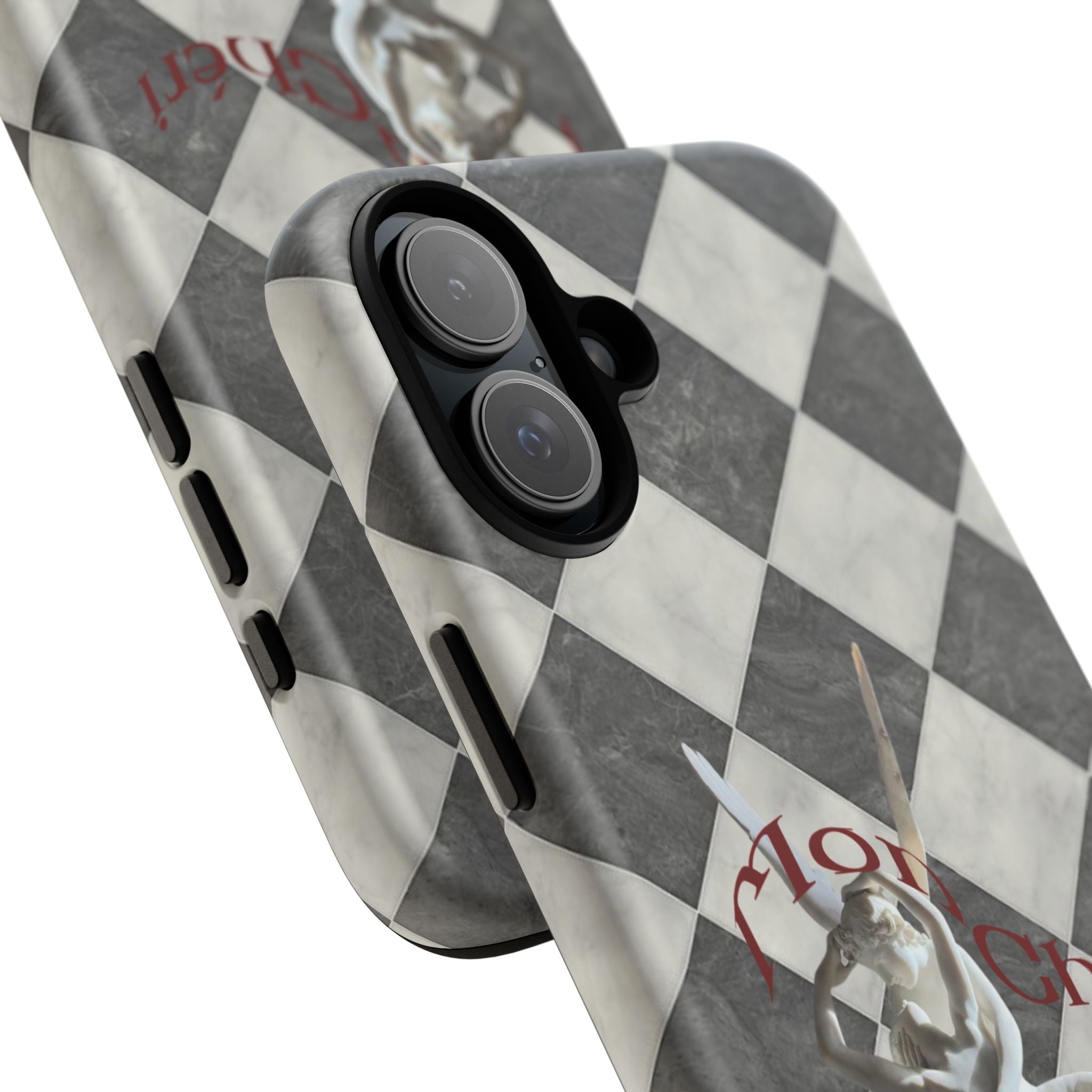 Phone Case — Vintage Harlequin Design with 'Mon Cheri' Statue Accent