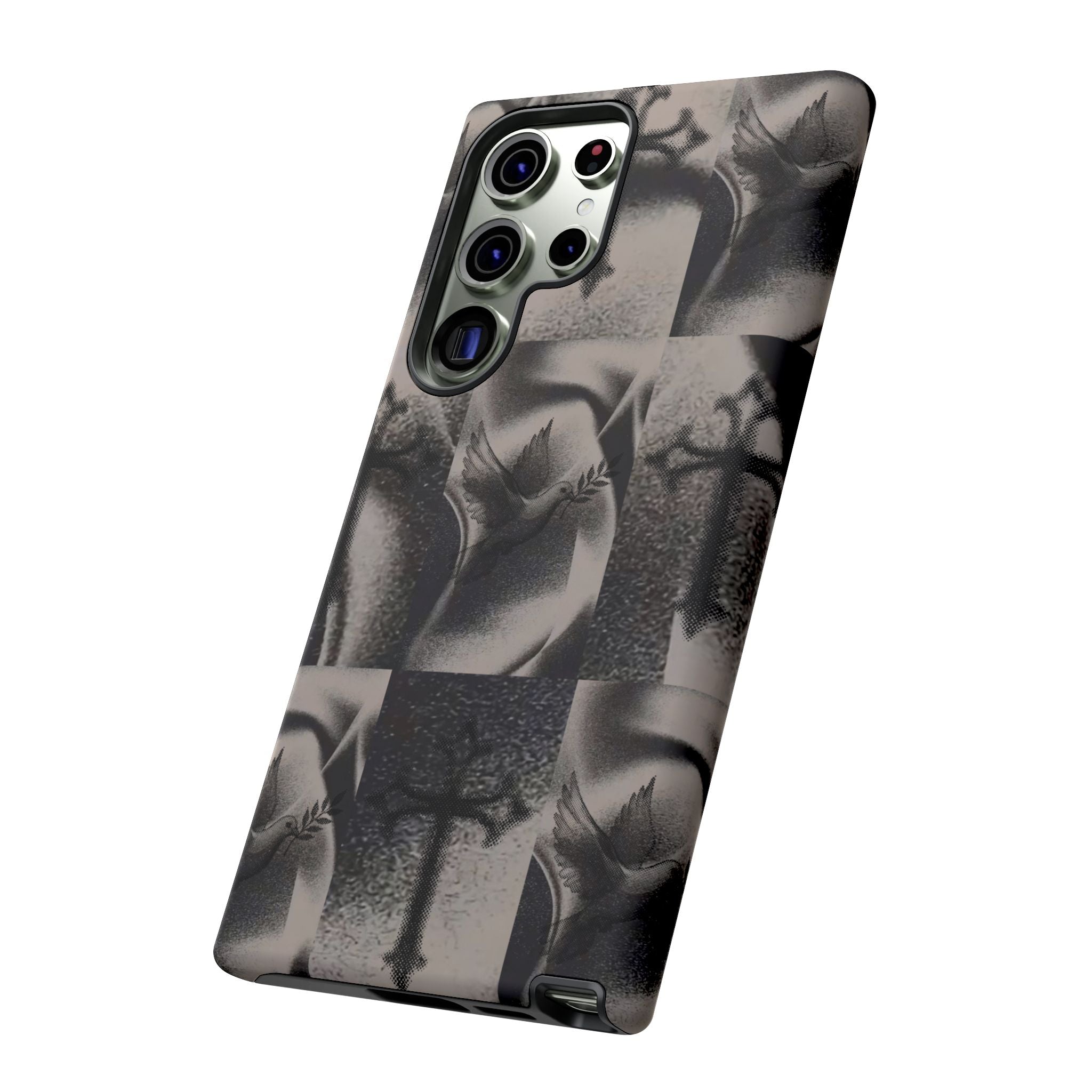Gothic Cross & Dove Phone Case — Moody Checkerboard Protective Case