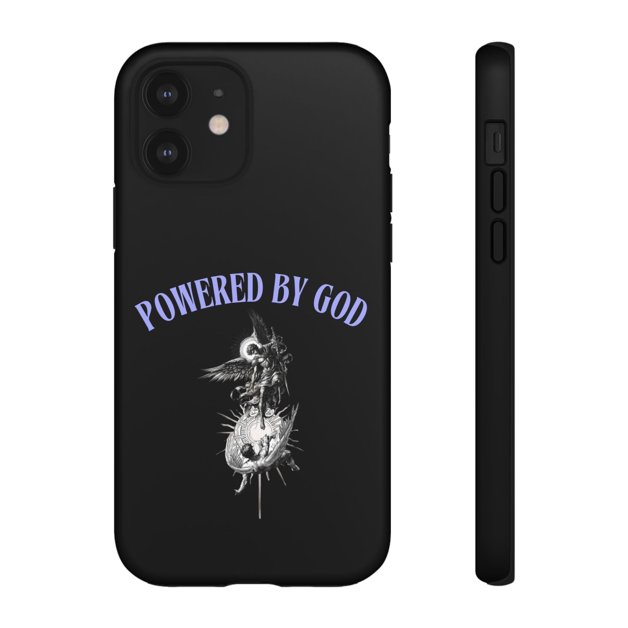 Phone Case — "Powered by God" Black Protective Case with Angelic Skull Design