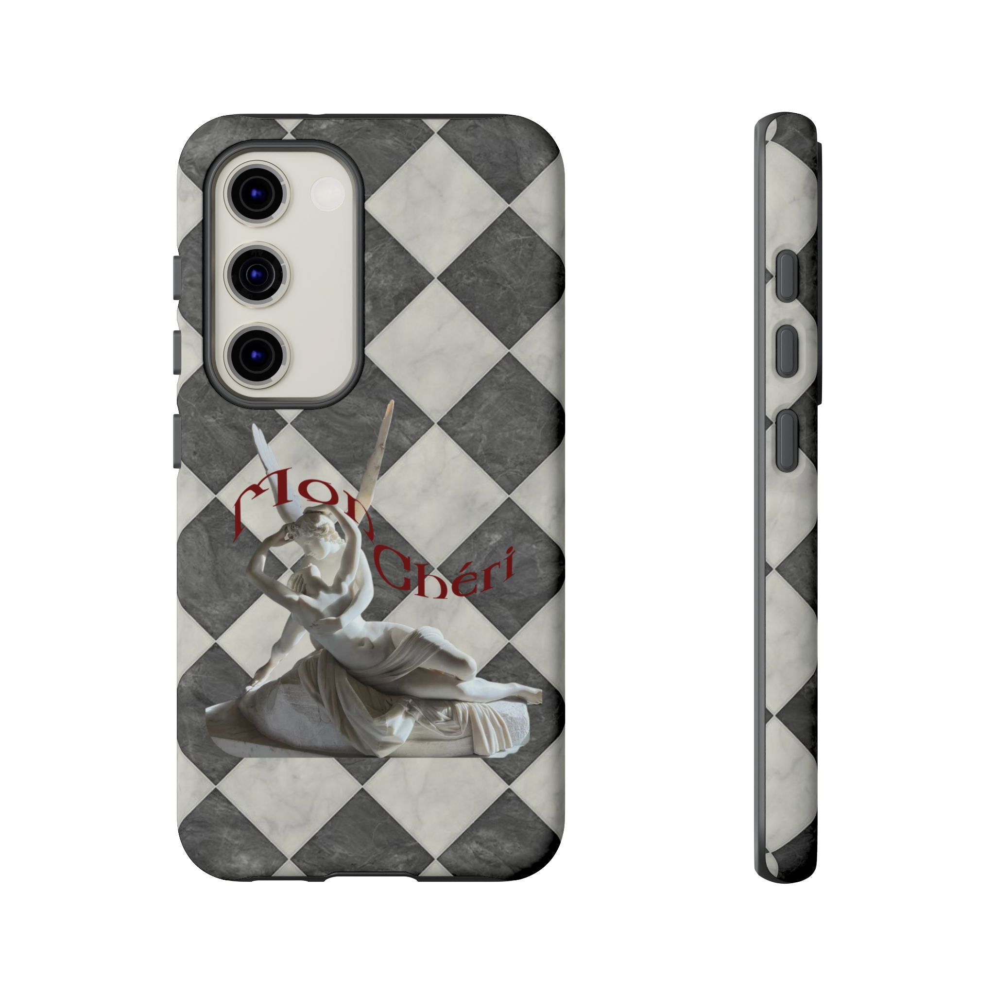 Phone Case — Vintage Harlequin Design with 'Mon Cheri' Statue Accent