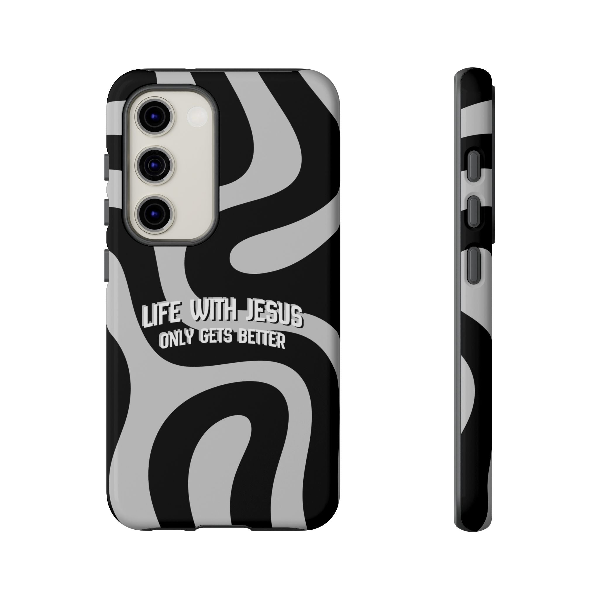 Christian iPhone Tough Case — "Life With Jesus Only Gets Better" Black & White Swirl Design