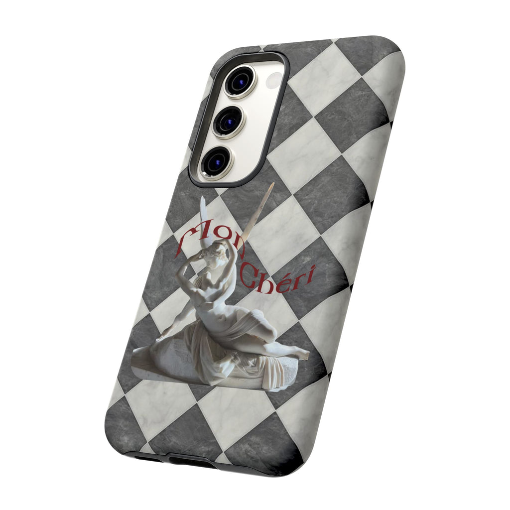 Phone Case — Vintage Harlequin Design with 'Mon Cheri' Statue Accent