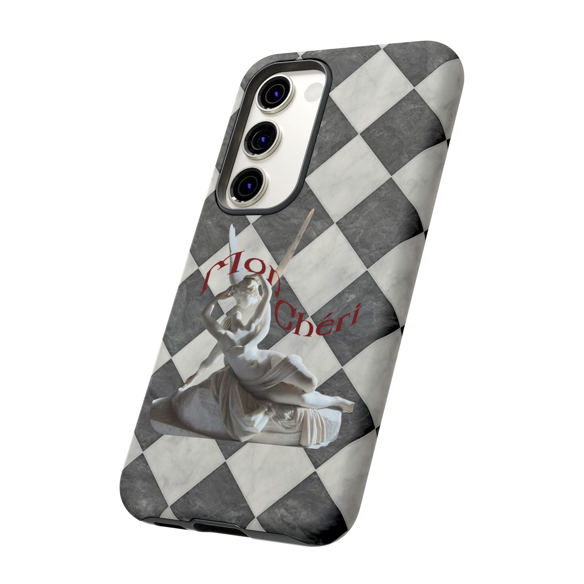 Phone Case — Vintage Harlequin Design with 'Mon Cheri' Statue Accent
