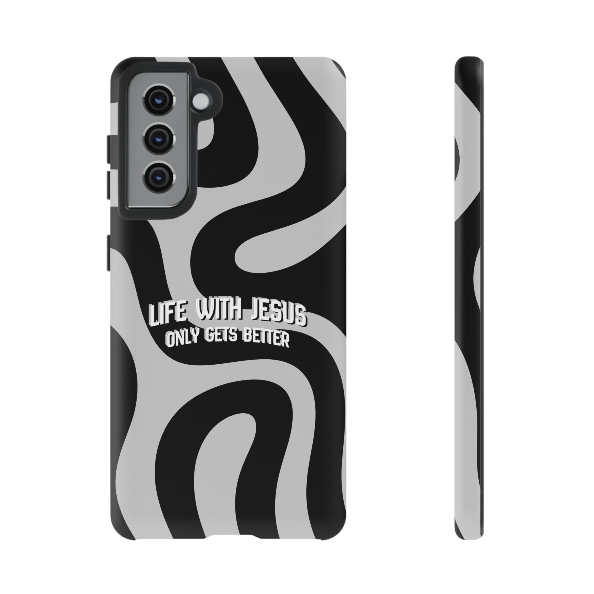 Christian iPhone Tough Case — "Life With Jesus Only Gets Better" Black & White Swirl Design